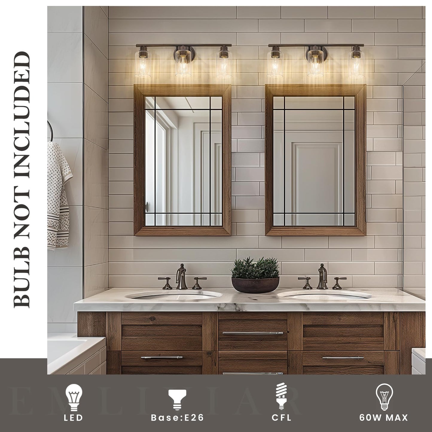 Emliviar 3-Light Vanity Light Fixture, Oil Rubbed Bronze, Fluted Ripple Glass, 23.5 Inch, Model YE295B-3W ORB
