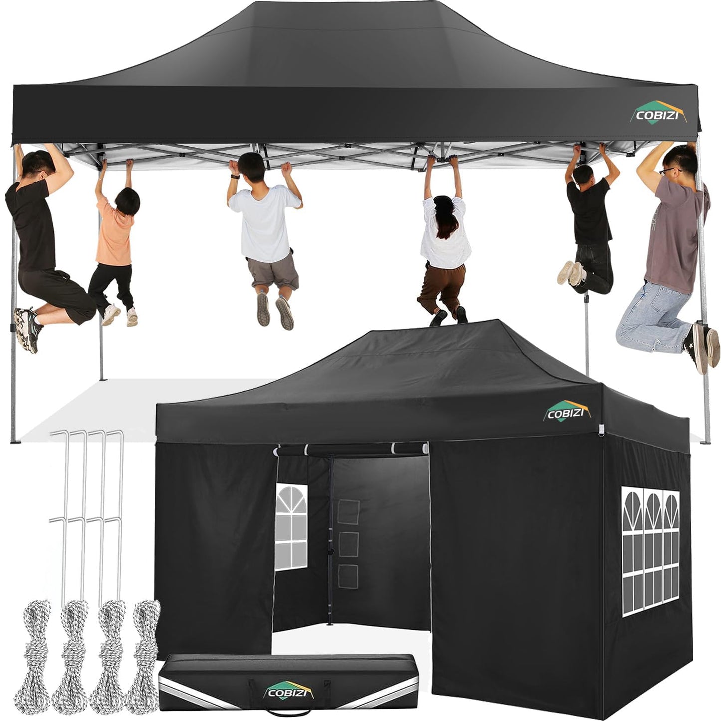 COBIZI 10x15 Pop up Canopy Tent 10x15 Canopy with 4 Sidewalls Waterproof Heavy Duty Commercial for Parties Outdoor Garden Gazebo Tent, Carry Bag(10x15ft, Black)