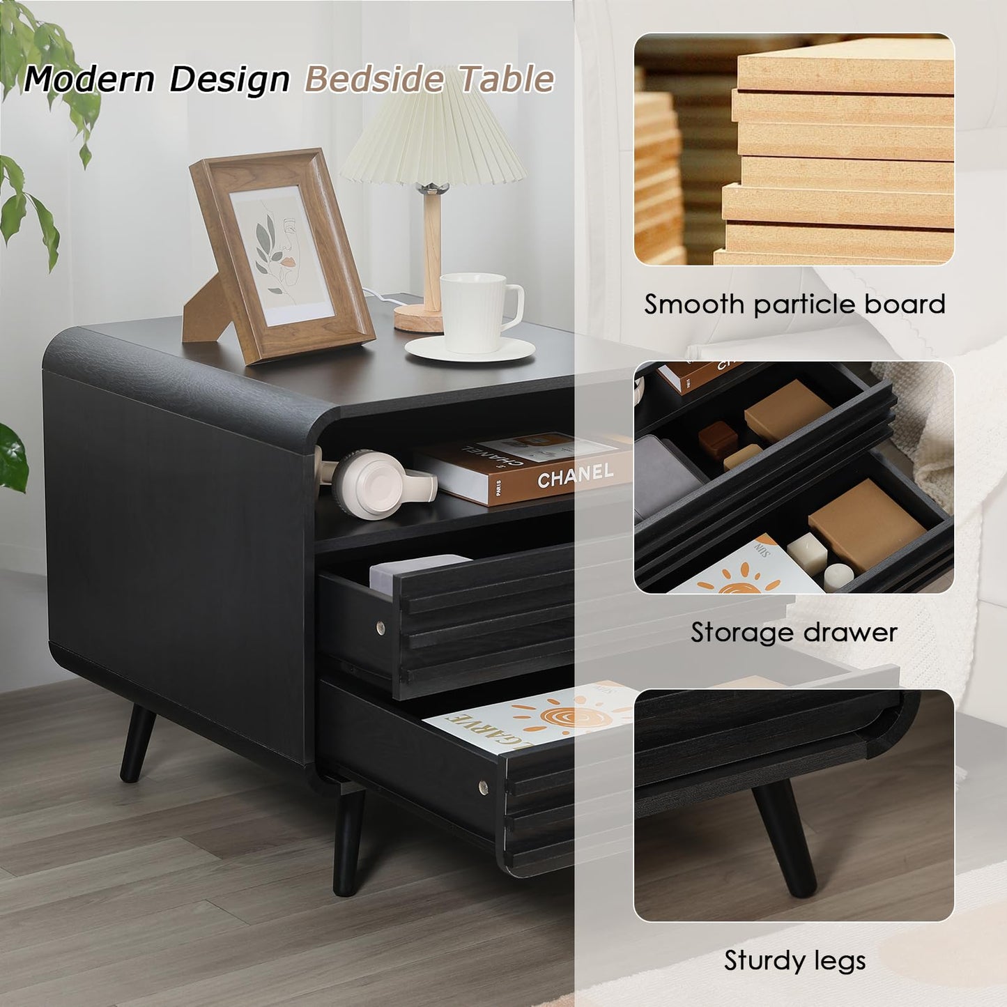 HtThalamic 24" Night Stands Set of 2, Modern Nightstand with Charging Station, Wood Fluted End Table with 2 Drawers, Black Bedside Cabinet for Bedroom