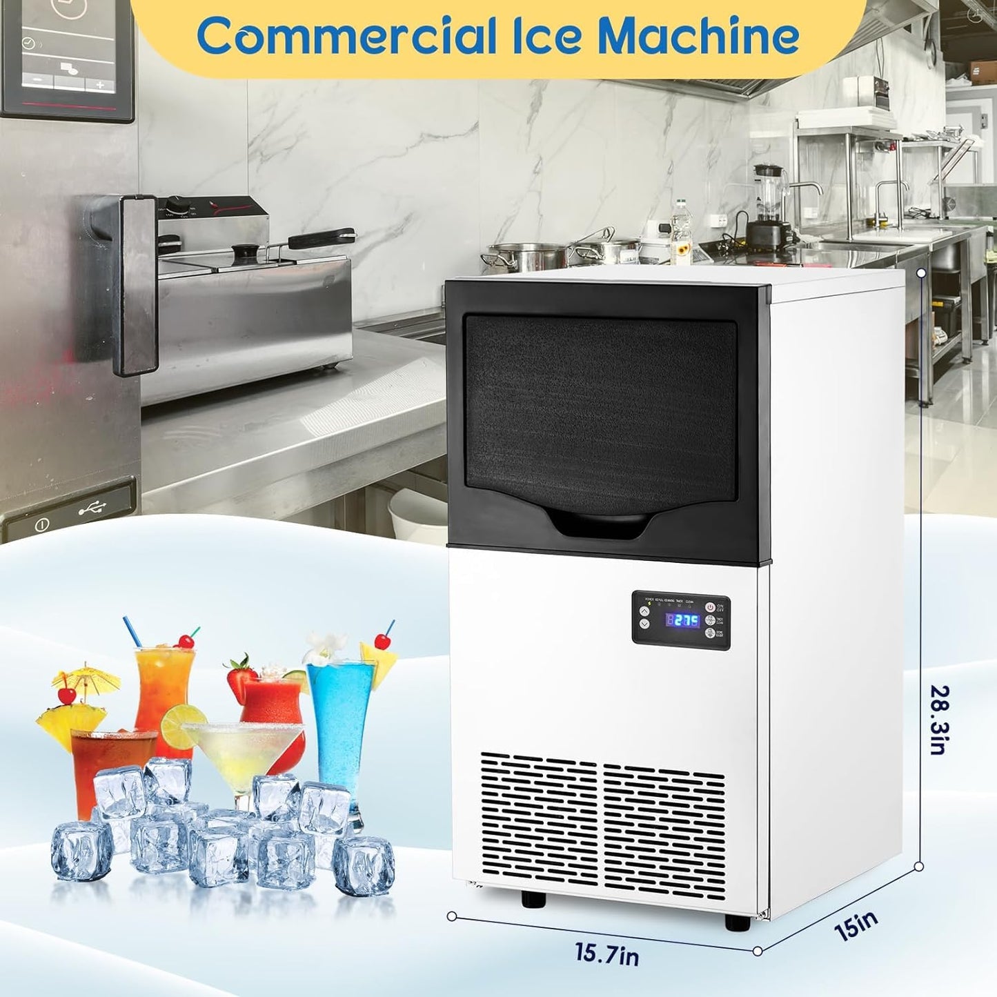 GarveeTech Commercial Ice Maker Machine, 100 LBS/24H Under Counter Ice Maker with 33 LBS Ice Capacity, Stainless Steel Freestanding Ice Machine with Ice Scoop, Self-Cleaning, for Home Restaurant, Bars