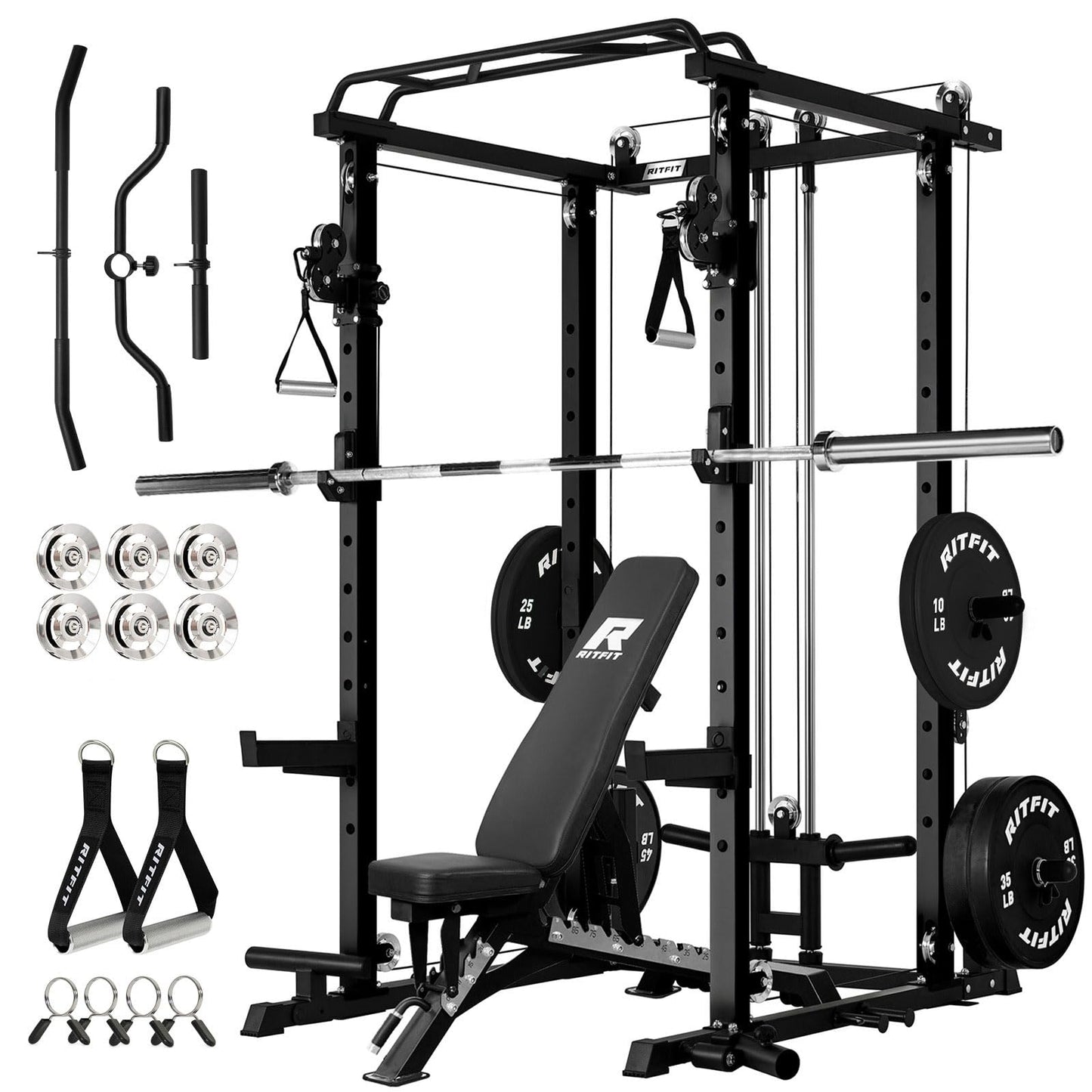 RitFit Multi-Function Garage & Home Gym Package Includes 1200LBS Power Cage PPC-P3 with Cable Crossover System, Weight Bench, Olympic Barbell Weight Set, Full Body Workout-BLK,Bumper Plate 230lbs
