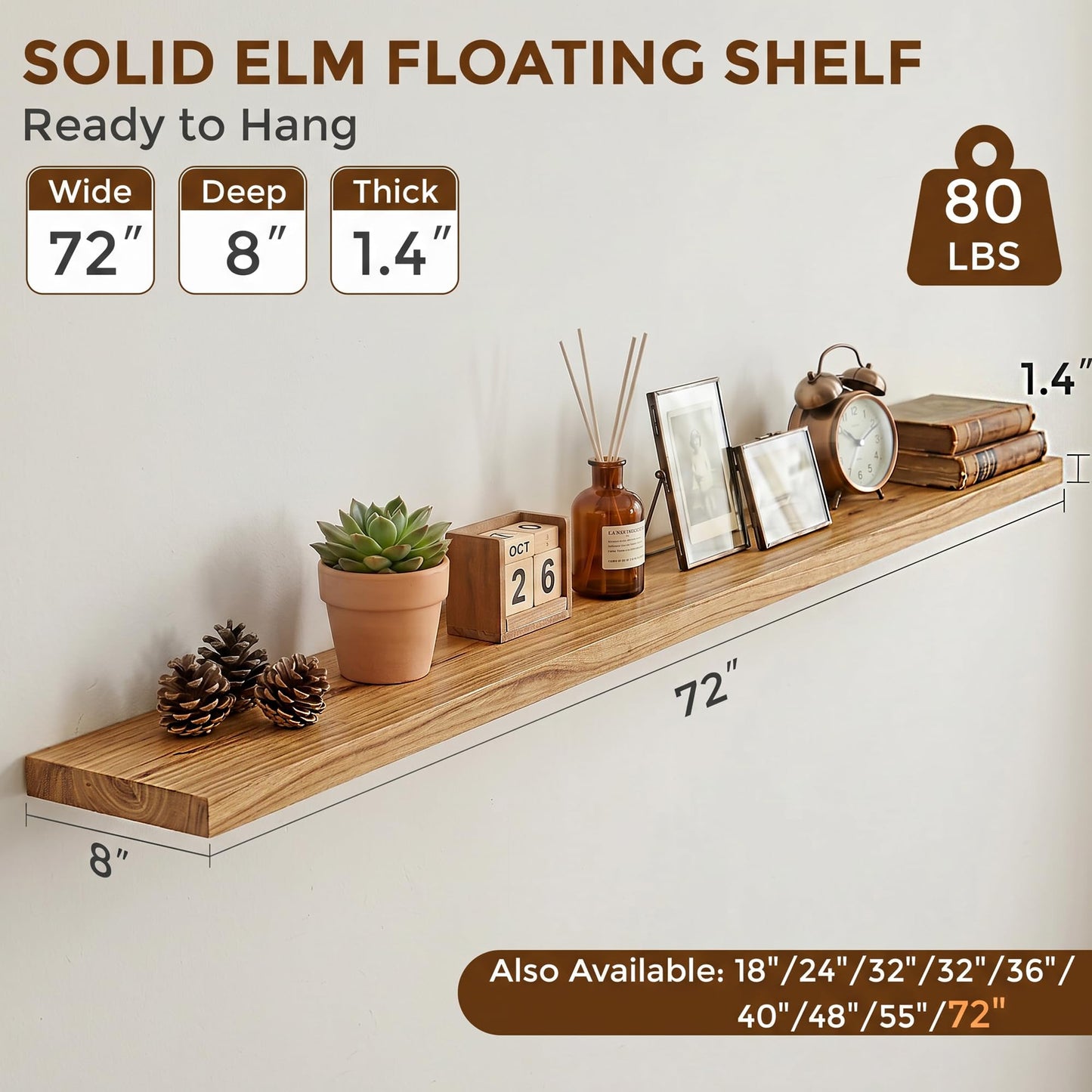 Dreamland 72 Inch Floating Shelves for Wall, Solid Elm Wood Wall Shelves for Living Room, Bedroom, Kitchen, Bathroom, Wall Mounted Long Floating Shelf Set of 1, Natural