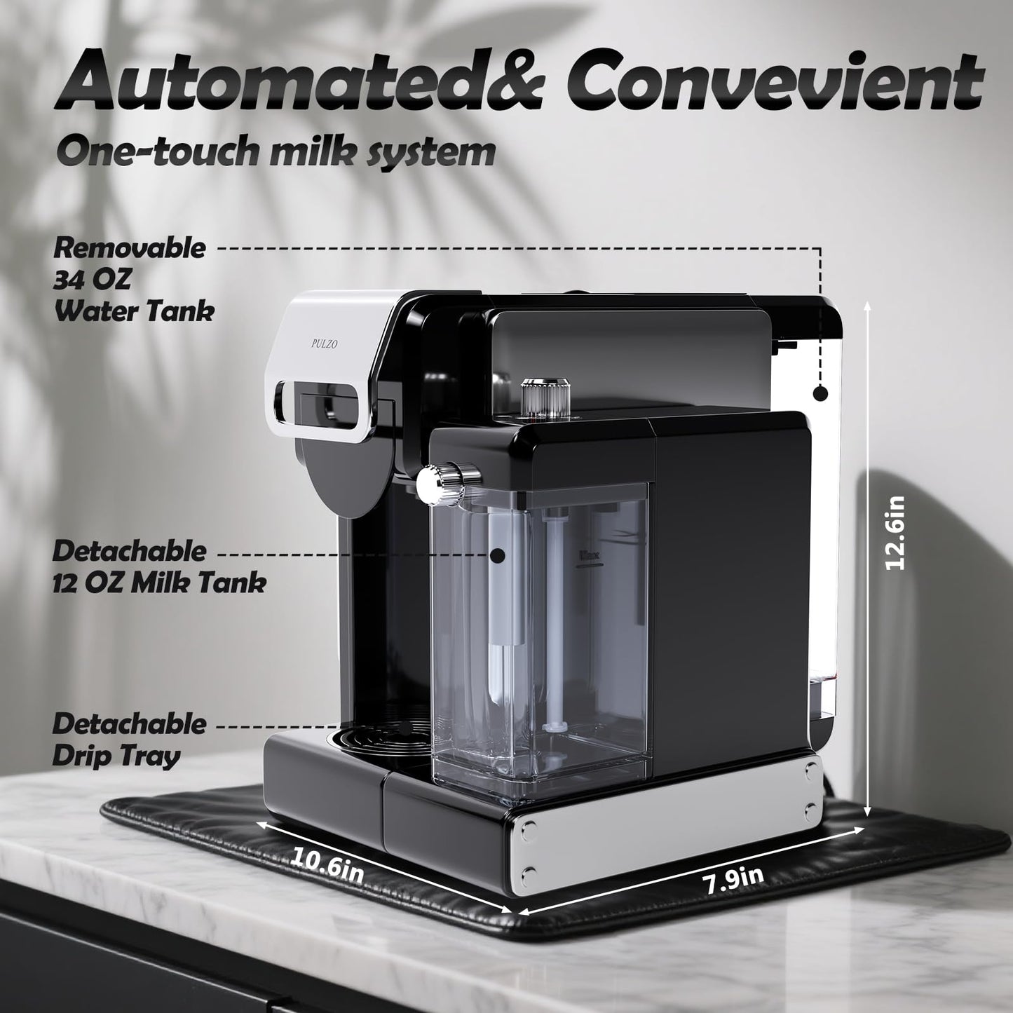 PULZO Espresso Machine with Integrated Automatic Milk Frother, capsule coffee maker for K*cup capsule/Ne*s Original/coffee powder, One Touch Latte & Cappuccino