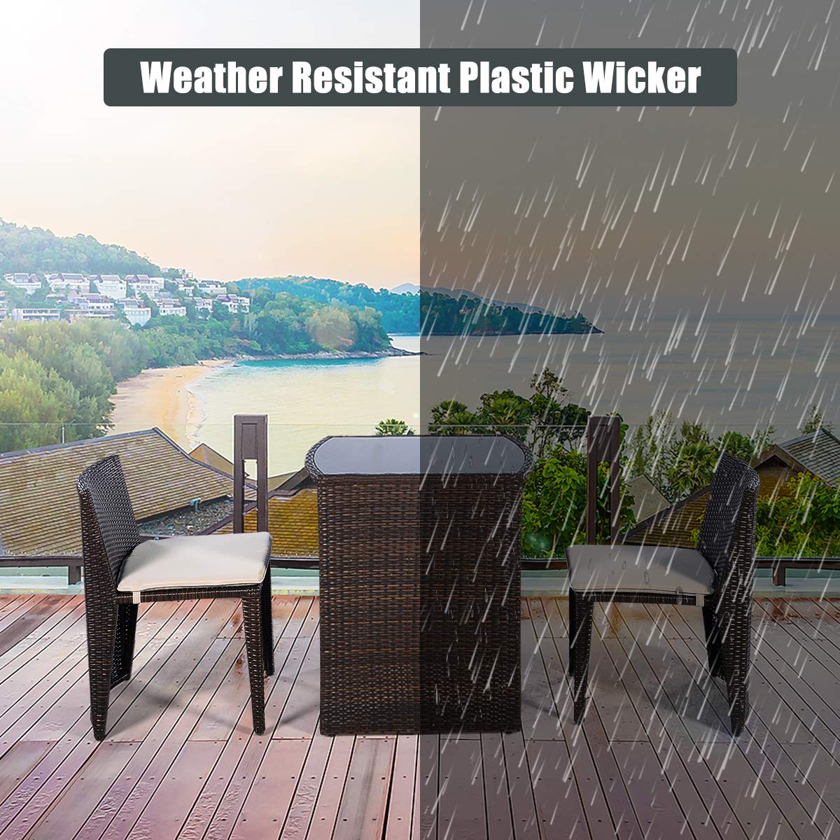 Goplus Wicker Bistro Set, 3 Piece Rattan Patio Furniture Set w/Tempered Glass Dining Table and Cushions, Conversation Bistro Sofa Set for Outdoor Patio Lawn Garden