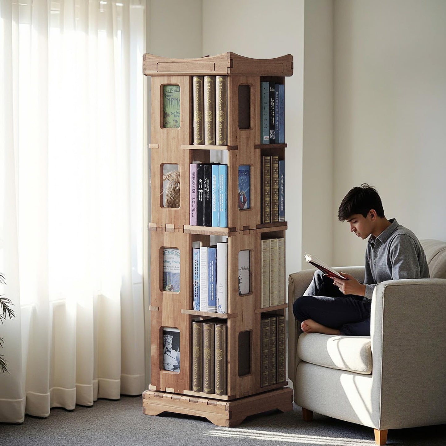 unununu Wooden Rotating Bookshelf, Larger Solid Wood Revolving Bookcase,360°Spinning Book Shelf Tower,Floor Standing Storage Rack,Corner Organizer for Small Space,Study,Office,17"x17"x44"(3-Tier)