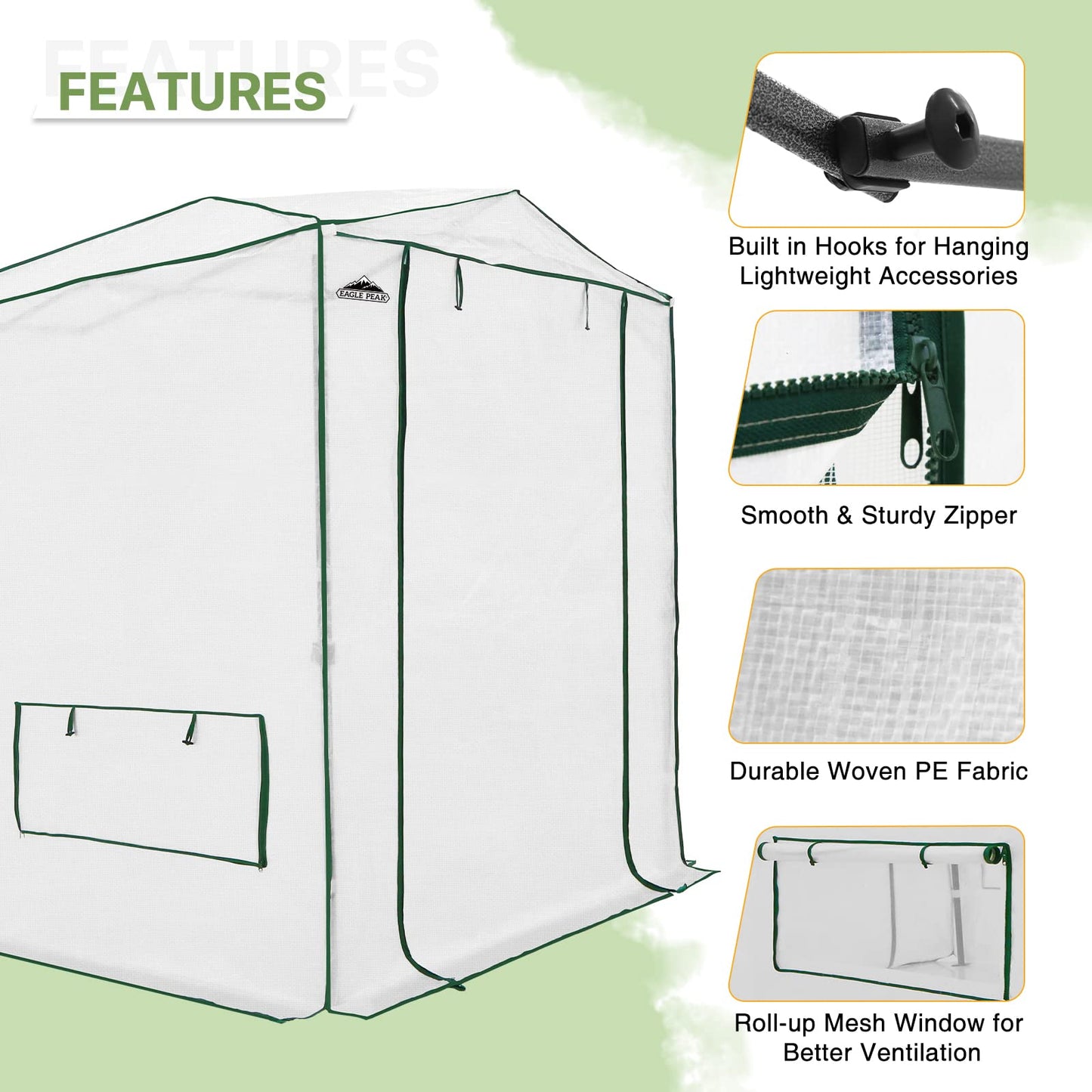 EAGLE PEAK 8x6 Portable Walk in Greenhouse, Pop Up Indoor Outdoor Greenhouse, Green House Kit with Zippered Roll-Up Doors and Windows, Woven Cover, Translucent
