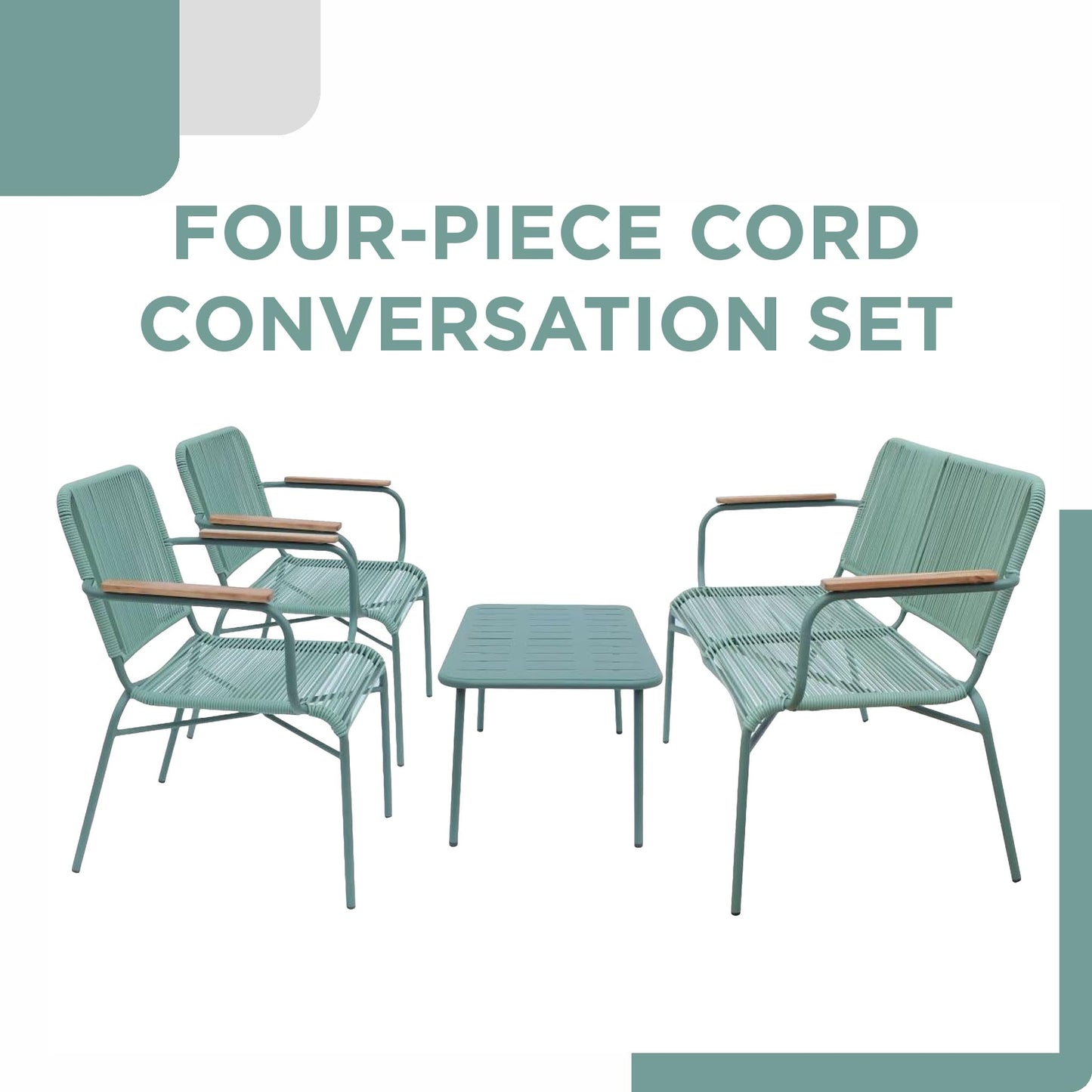 Alpine Corporation VTFAM170A 4-Piece Outdoor Rope Woven Patio Conversation Set – Sofa Bench, 2 Armchairs & Coffee Table – Modern Metal Frame with Wood Armrests – Indoor/Outdoor Seating Set