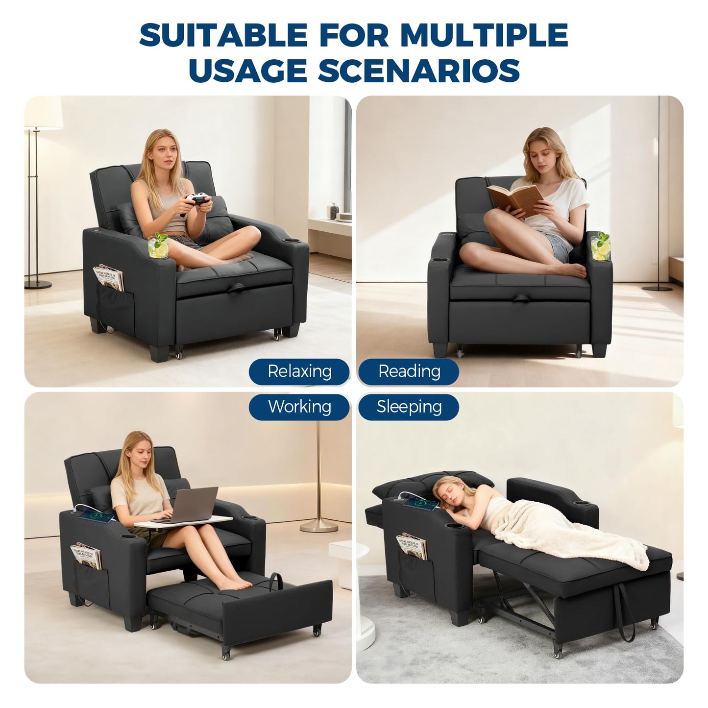4 in 1 Convertible Sleeper Chair Bed with Vibration Massage Lumbar Pillow, Single Sofa Recliner Featuring USB/Type-C Port, Cup Holders & Side Pocket, Space-Saving Pull Out Bed for Small Spaces, Black