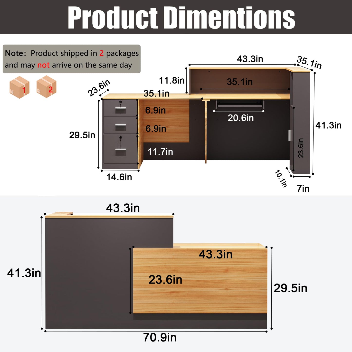 L-Shaped Reception Desk with Lockable Drawers, Adjustable File Cabinet & Keyboard Tray, Modern Front Counter for Office, Salon, or Lobby (Right-L Natural Wood/Slate Gray, 70.9''L x 23.6''W x 41.3''H)