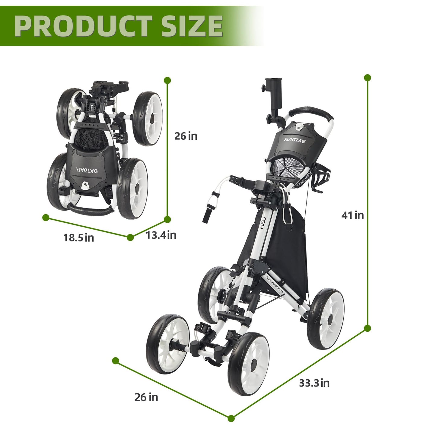 FLAGTAG Golf Push Cart 4-Wheels,Folding Golf Cart, Golf Pull cart with Cup Holder,Umbrella Holder,Cooler Bag, Foldable with one-Click,Handle Height Adjustable,Drink Holder,Walking Push cart