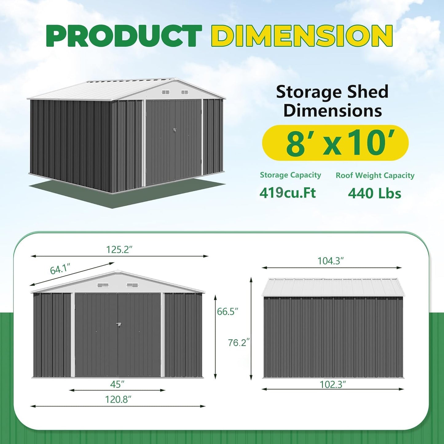 Devoko 10 x 8 FT Outdoor Storage Shed, Metal Garden Sheds & Outdoor Storage Clearance, Large Tool Shed Outdoor with Single Lockable Door for Patio Lawn Backyard (Gray)