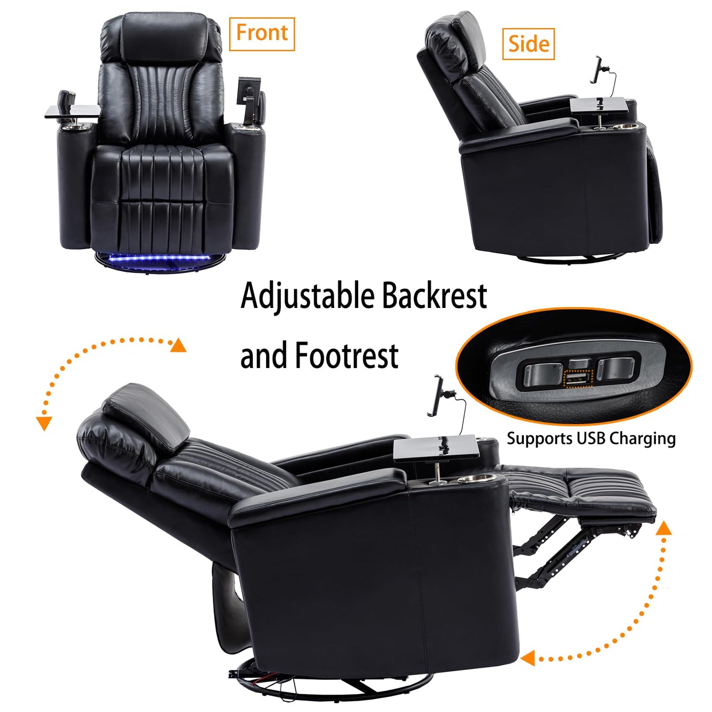 COSYTREE Home Theater Seating Power Recliner Chair, 270°Swivel PU Leather Theater Recliner with LED Ambient Lights, 360°Rotating Tray Table,USB Charging,Cup Holders & Hidden Arm Storage, Black