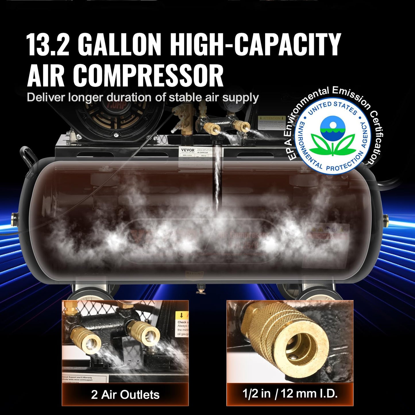 VEVOR 13.2 Gallon Gas Powered Air Compressor, 7HP 9CFM@115PSI Air Compressor Tank on Wheels, Gas Driven Piston Pump Air Compressed System with 115PSI Maximum Pressure for Workshop Construction Sites