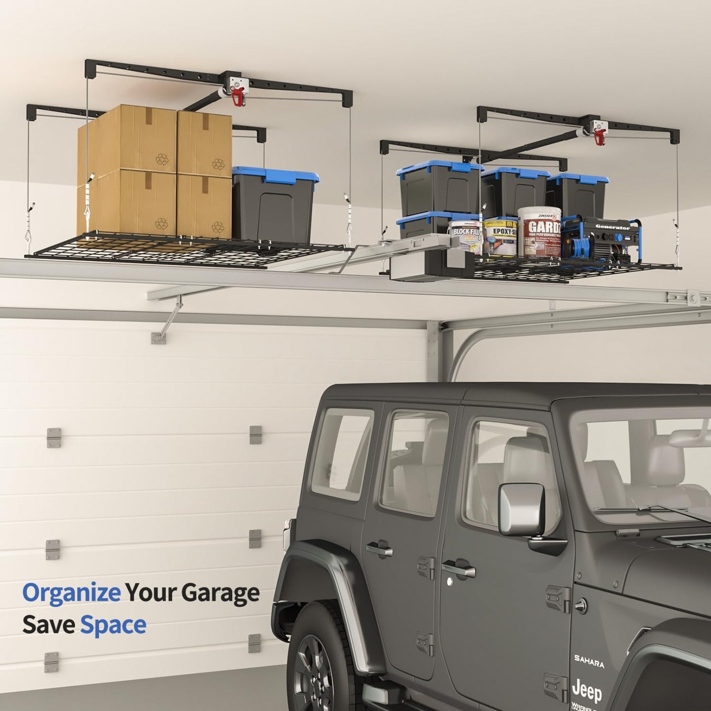 KOKORACKER Overhead Garage Storage Lift, Adjustable Heavy-duty 4x4 Ft Ceiling Racks with Safety Lock, Ideal for Storage Lifting Organization System, 250lbs Capacity