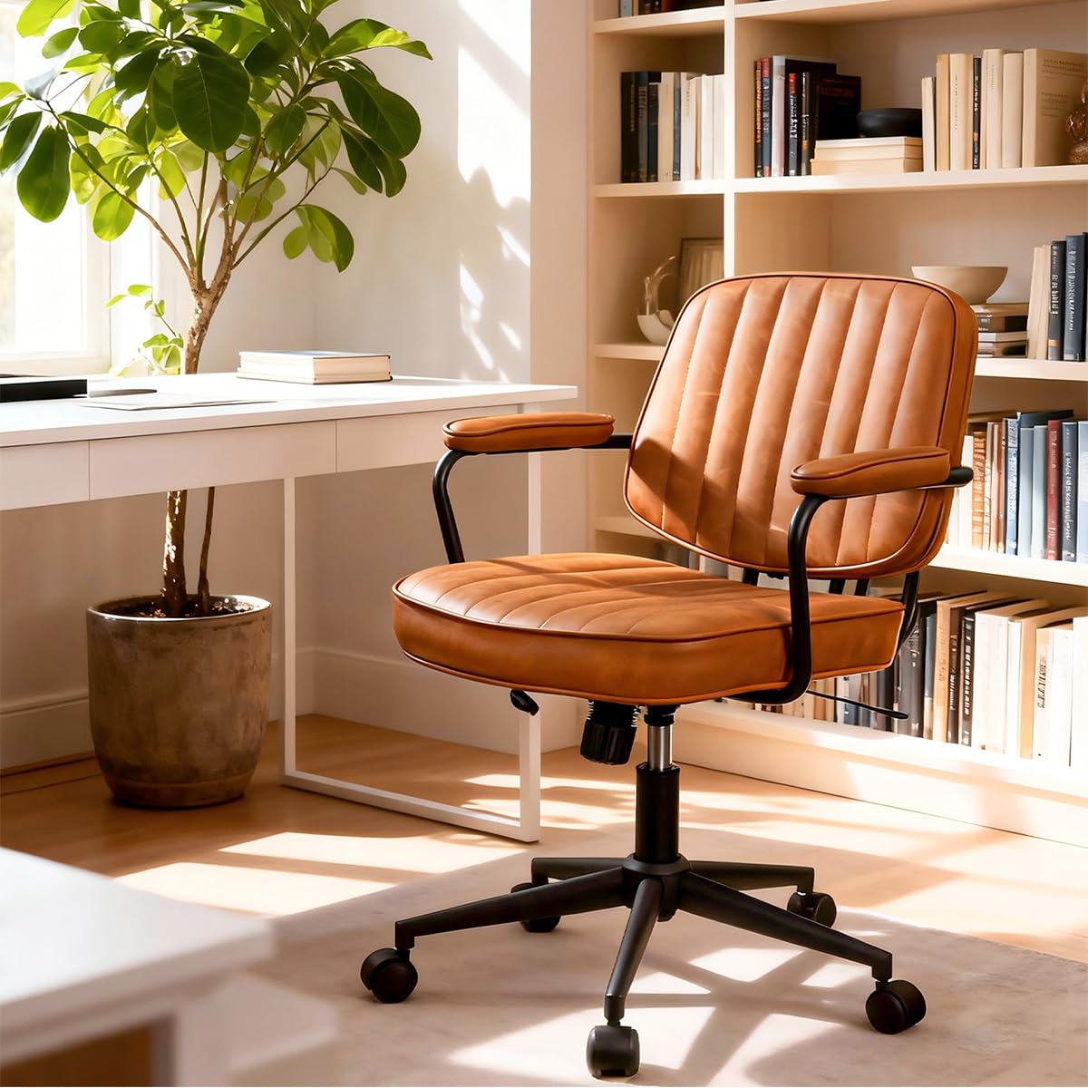 Mid Century Modern Office Chair, Ergonomic PU Leather Desk Chair with Wheels & Arms, Adjustable Swivel Home Office Chair for Bedroom, Study, Small Space, Brown