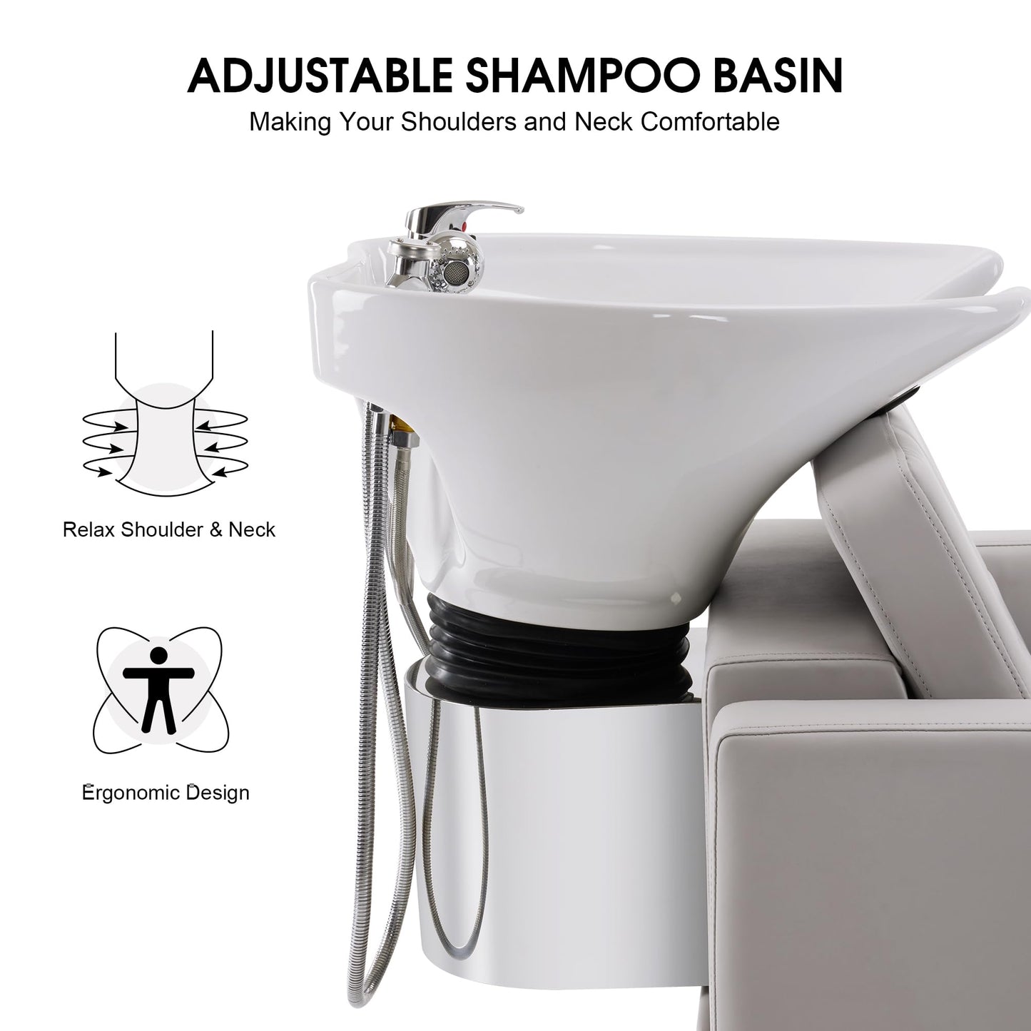 BarberPub Backwash Shampoo Station Chair, Adjustable Porcelain Ceramic Hair Wash Basin, Vacuum Breaker, Professional Shampoo Chair for Salon and Spa 9309 (Gray)