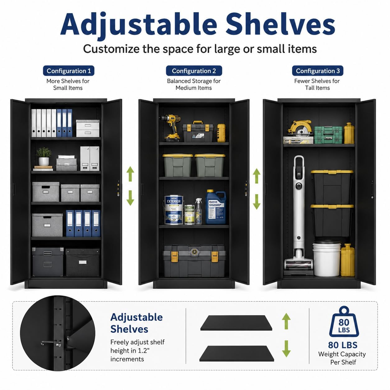 GarveeHome 71in Heavy-Duty Locking Steel Storage Cabinet, Double Doors, Four Adjustable Shelves, for Garage Pantry Office Workshop, Black