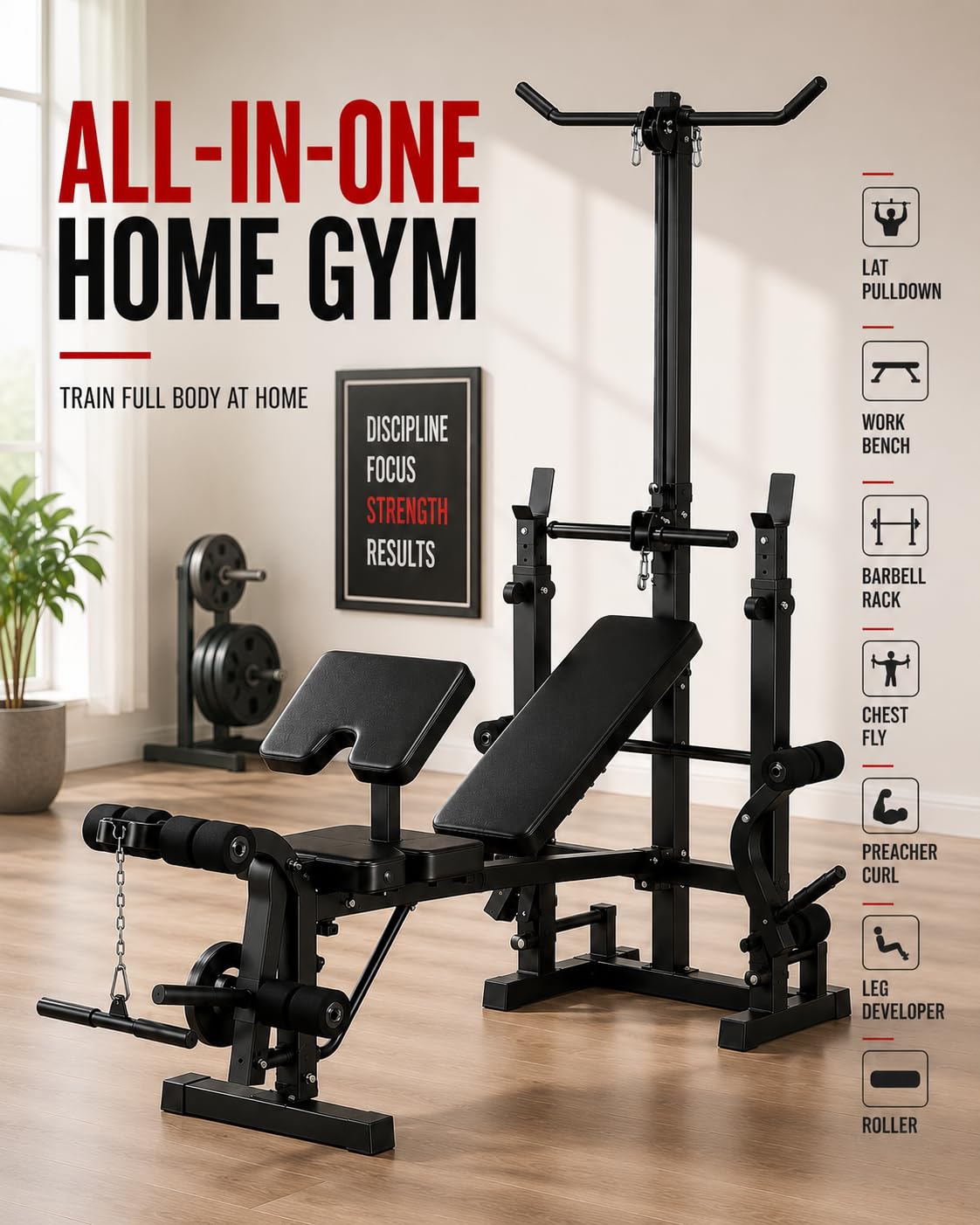 Garvee 8 in 1 Olympic Weight Bench Set with Leg Extension & Curl, Adjustable Bench Press Set with Rack, Preacher Curl Pad, Chest Fly，Lat Pulldown, Multi-Function Home Gym Strength Training Equipment