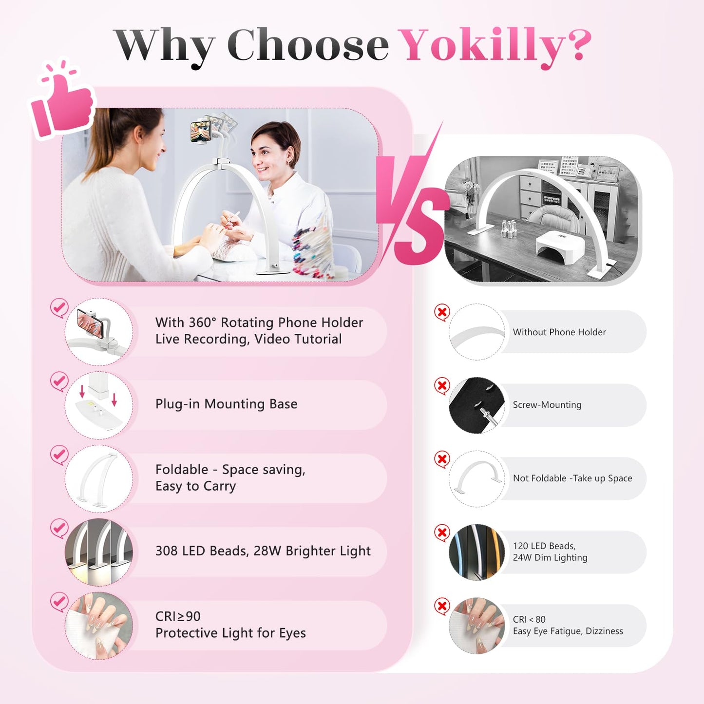 Yokilly Half Moon Nail Desk Lamp with Phone Holder, 23in, Aluminum, 3 Color Modes, 10 Brightness Levels, Small, White