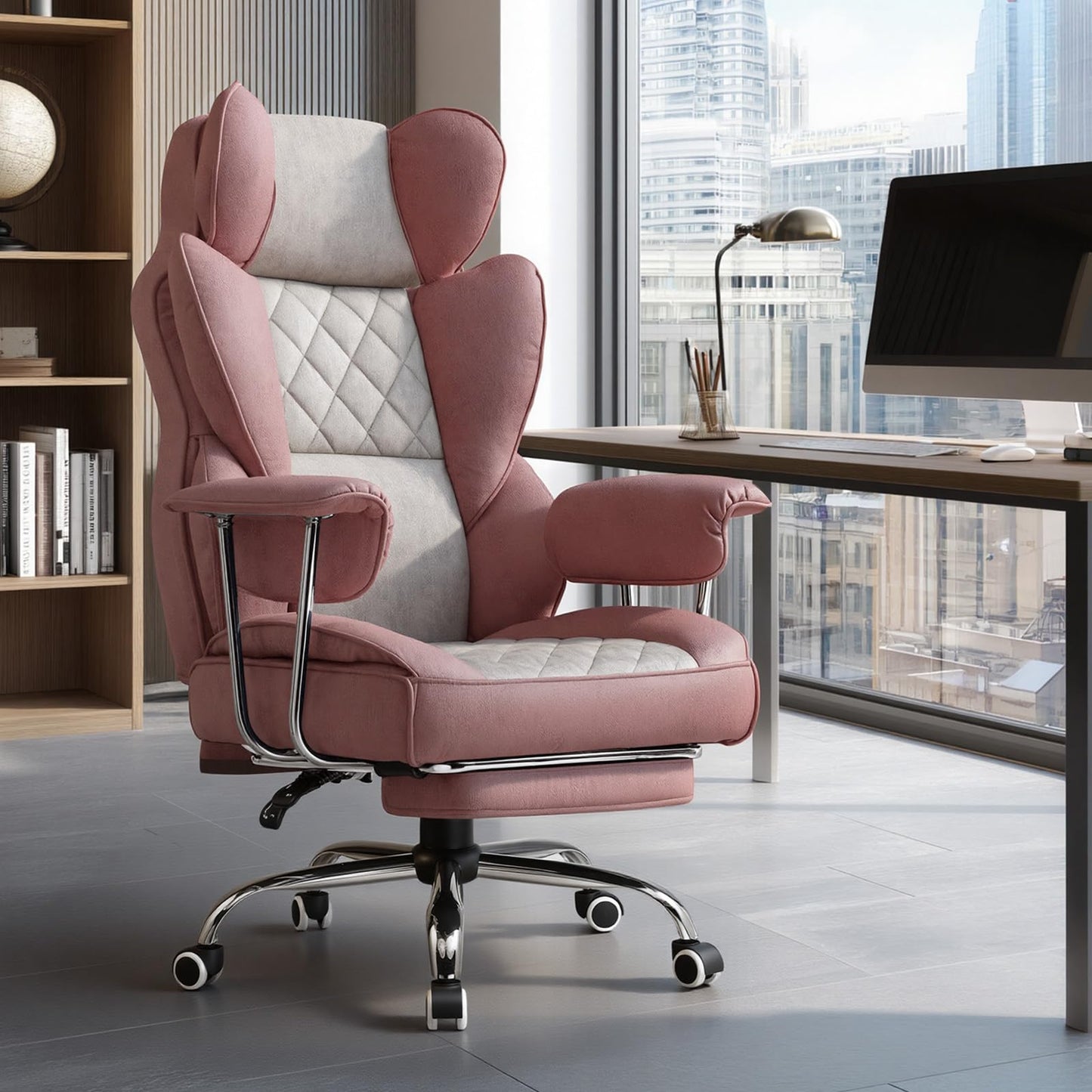 GTPLAYER Gaming Chair,Office Chair with Pocket Spring Lumbar Support, Ergonomic Comfortable Wide Office Desk Computer Chair with Outward Fixed Soft Armrests and Footrest (Fabric, Pink)