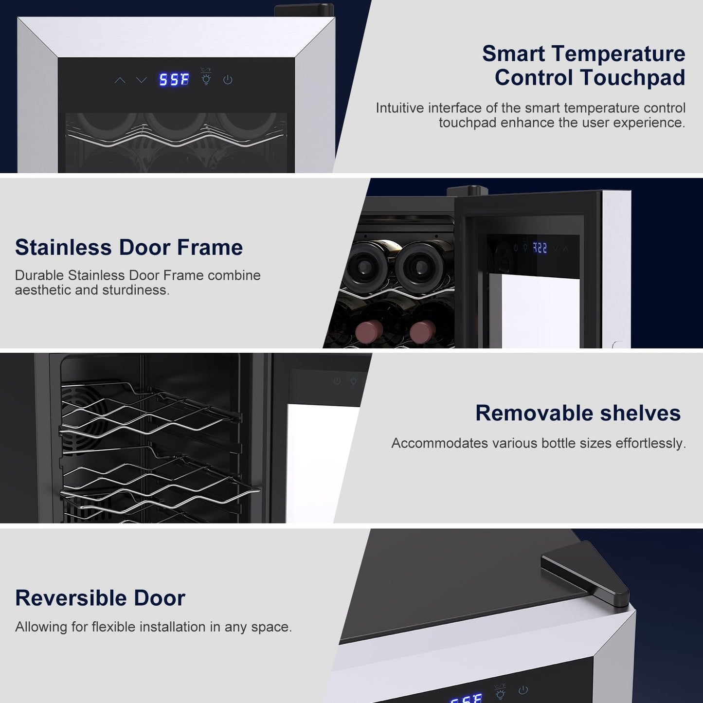 Tecnolove 18 Bottle Wine Cooler, 38-65°F Digital Temperature Control, 1.7 Cu.Ft Compact Wine Fridge, Freestanding Stainless Steel Glass Door with LED Light, Quiet Compressor for Red White Wine