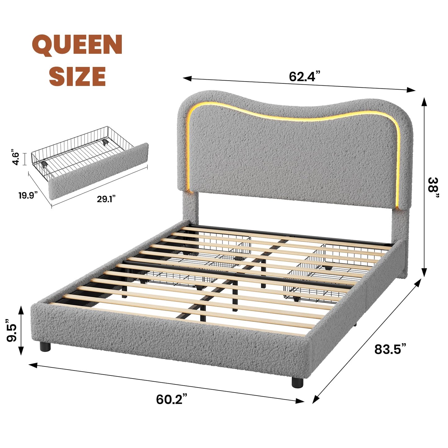 Garvee Boucle Queen Bed Frame with 2 Storage Drawers, Upholstered Platform Bed with LED Headboard, Solid Wood Slats Support, No Box Spring Needed for Kids, Teens, Grey