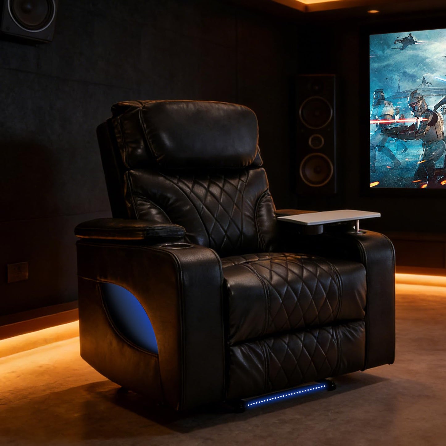 Zuacs Home Theater Seating, Power Recliner with Cooling Cup Holder & Heating Massage, Electric Recliner Chair with Tray Table, USB Charging, Manual Headrest for Living Room,Matte Black