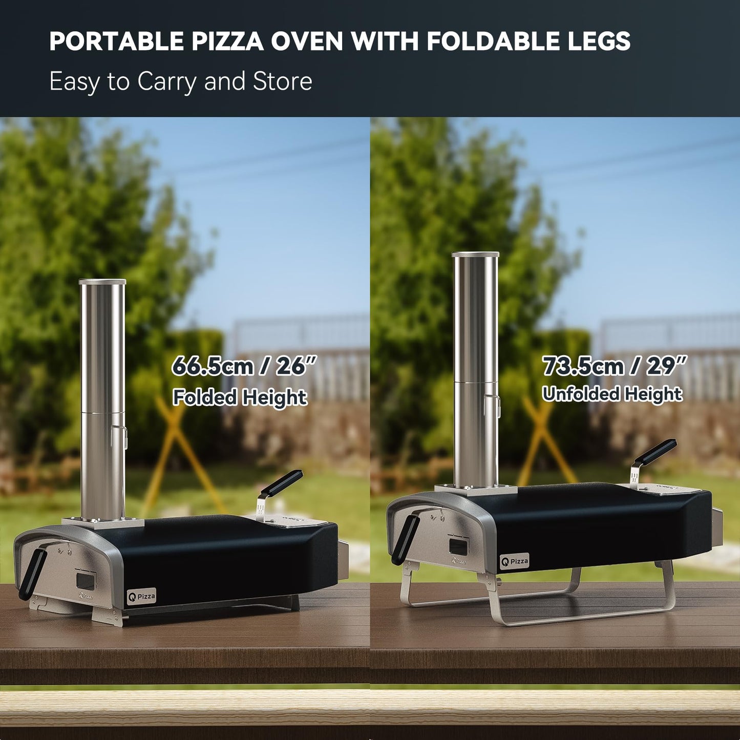 Q Pizza Portable Wood Fire Pizza Oven with Folding Legs, Outdoor Pizza Stove with Chimney for Outdoor Kitchen, Camping, RV, Tailgating, Beach, Backyard Pizza Maker, PS107