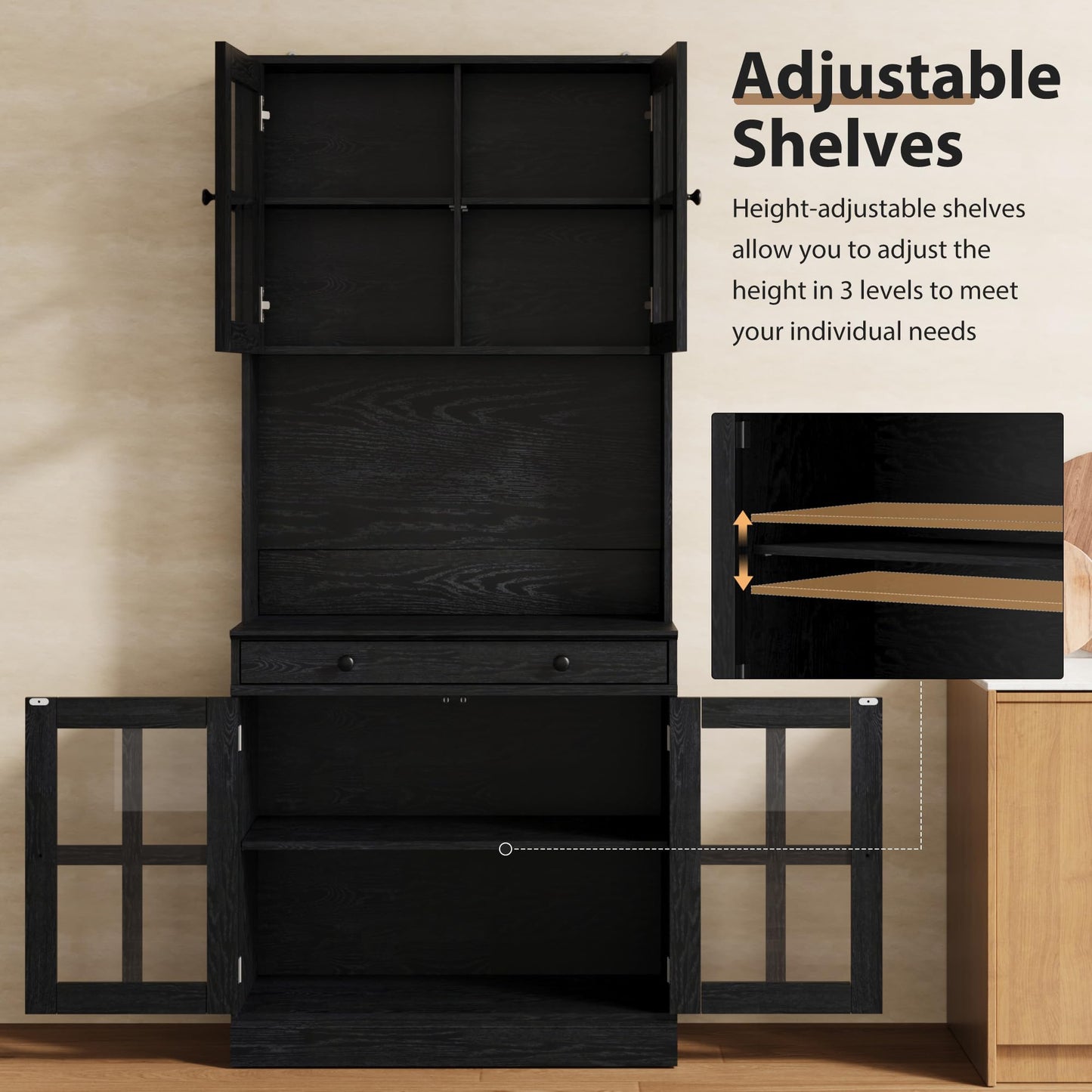 Garvee 72 Inch Kitchen Pantry Cabinet with Glass Doors, Drawer and Adjustable Shelves, Farmhouse Tall Storage Cabinet with Open Countertop, Coffee Bar Cabinet for Coffee Corner, Black