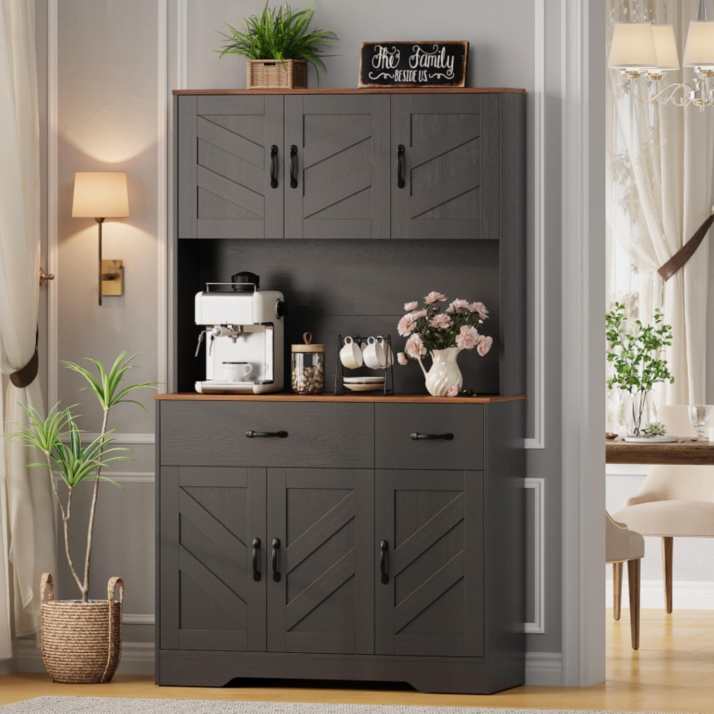 GarveeHome 71" Pantry Cabinet with Charging Station, Tall Kitchen Pantry Storage Cabinet with Microwave Stand, Farmhouse Kitchen Hutch with Countertop & 2 Drawers for Living Room, Dining Room, Black