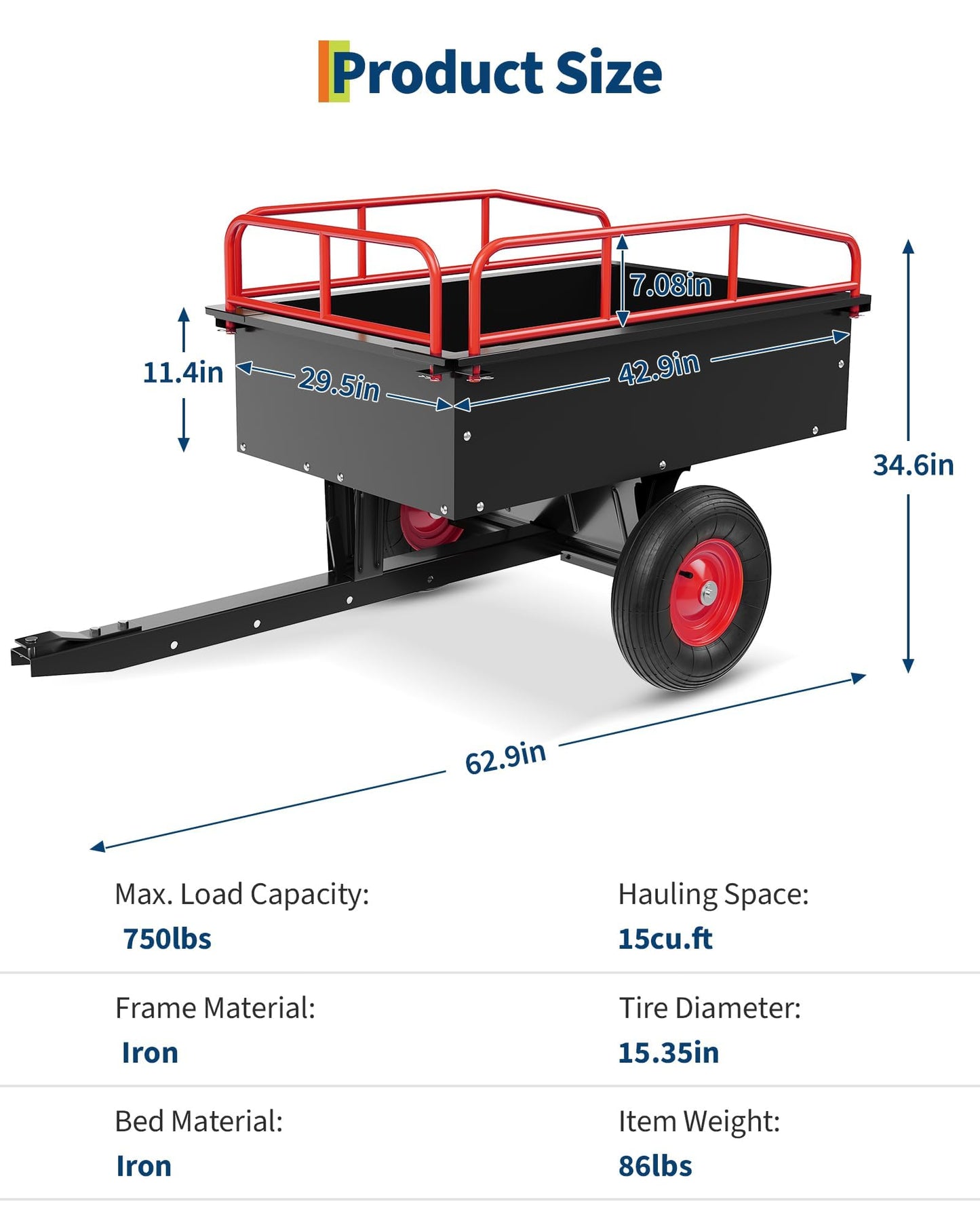 750 LBS Heavy‑Duty Dump Cart, 13.5 Cu.ft Steel Lawn Mower Trailer & Garden Trailer, Quick‑Release Dumping ATV Dump Trailer & Garden Utility Cart for Yard Work, Landscaping, Farm & Lawn Mower Towing