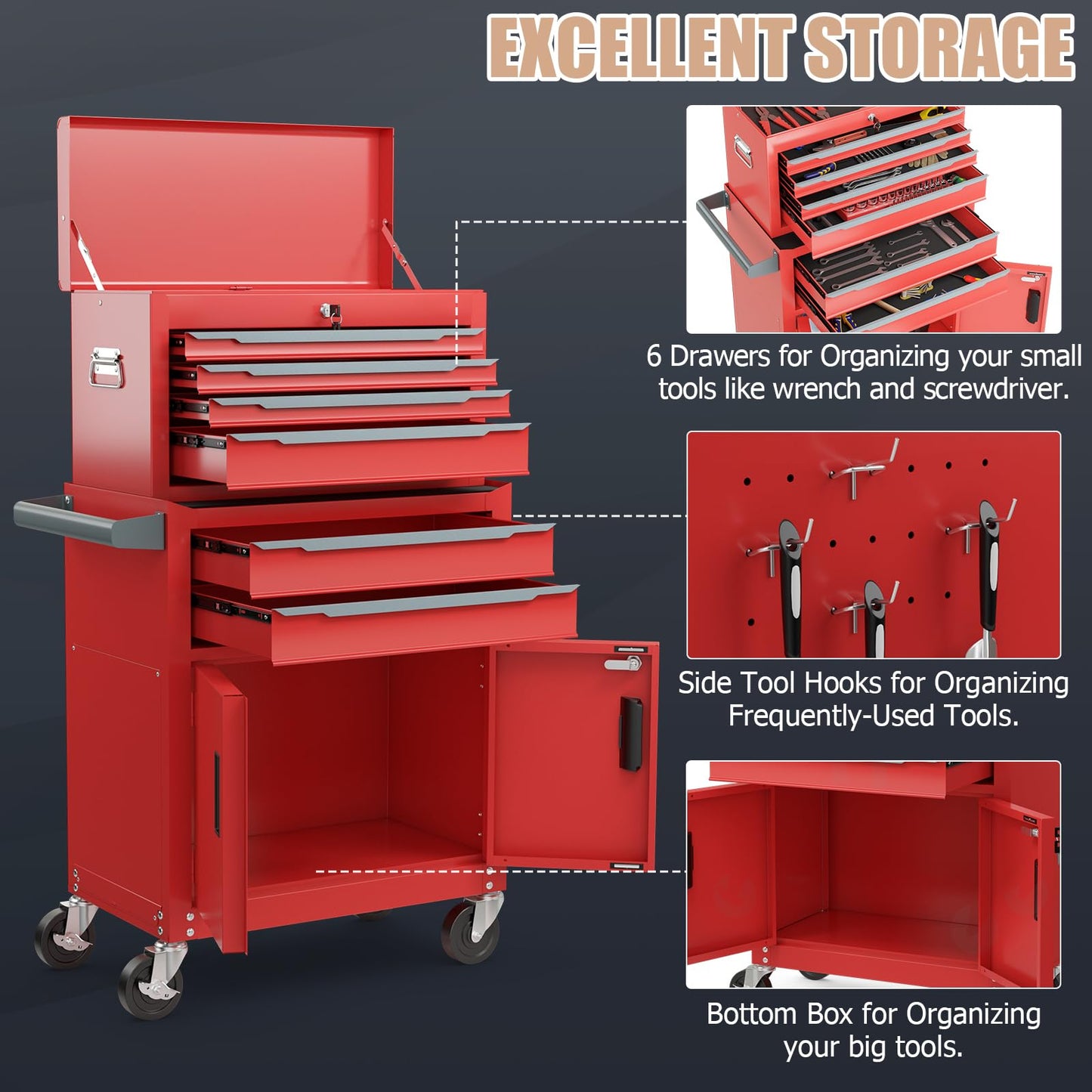 ERGOMASTER Large Rolling Tool-Chest with 6 Drawers Heavy Duty Tool-Cabinet on Wheels Lockable and Lock System for Garage Workshop(28 x 13 x 44”-Red)