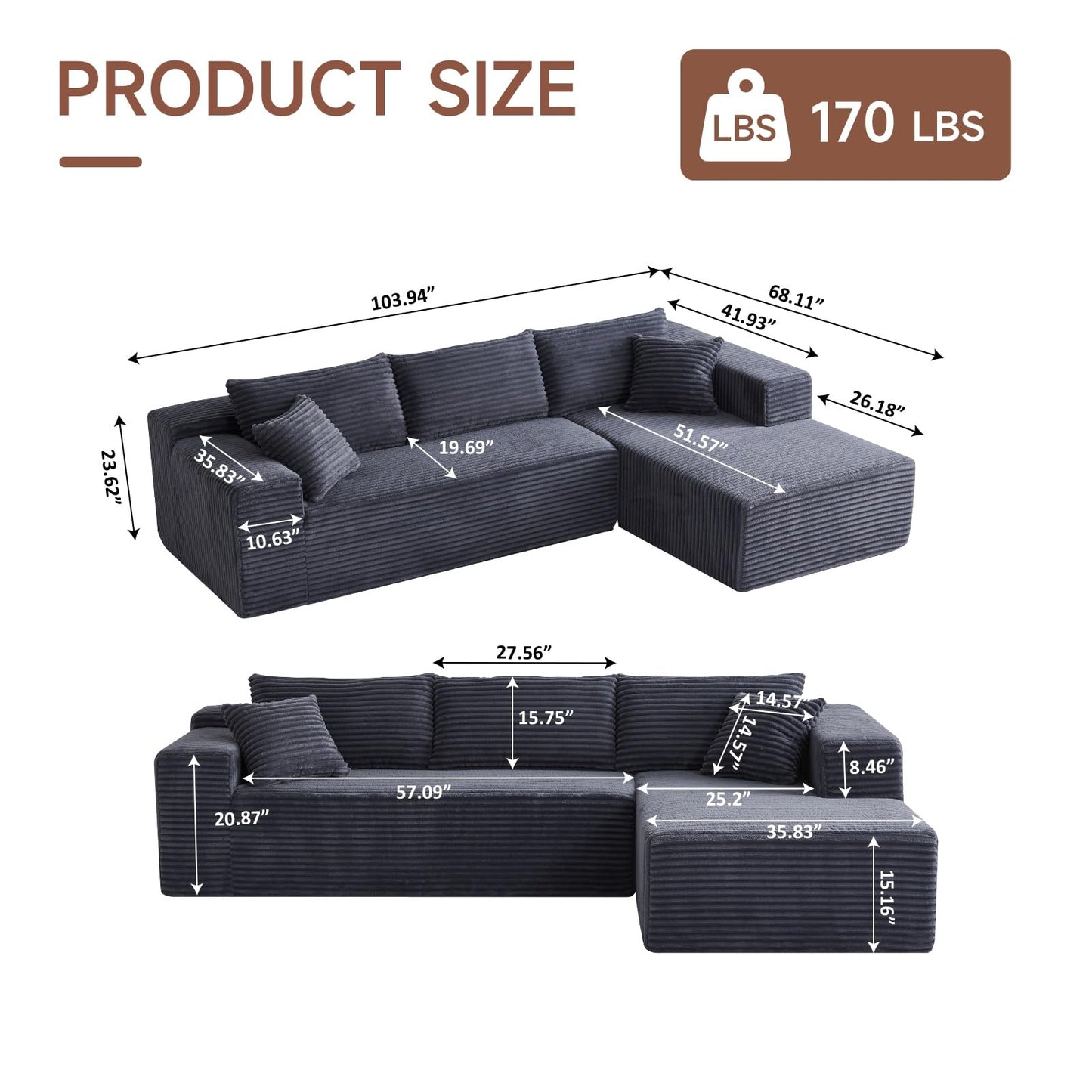 Trygoal 103” L Shaped Boneless Couch Cloud Modular Sectional Sofa, Memory Foam 3 Seater Couch with Oversized Chaise, Comfy Deep Seat Living Room Furniture Set, No Assembly, Dark Grey