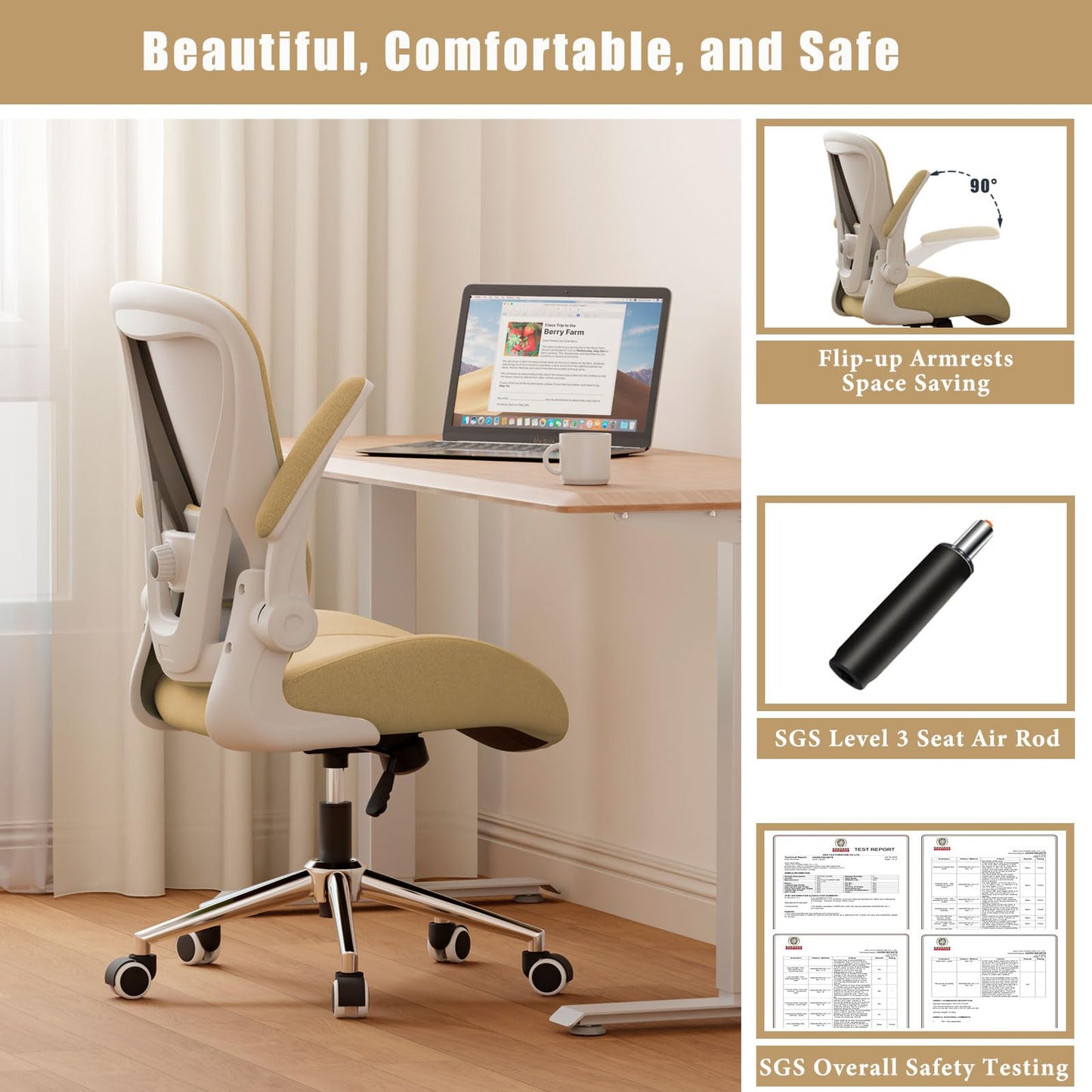 VOTRENIX Kahki Ergonomic Office Desk Chair, Soft Fabric Thickened Curved seat Cushion with Adjustable Lumbar Support, Perfect Blend of Comfort and Good Looks, Ideal Chair for Home or Office, Khaki