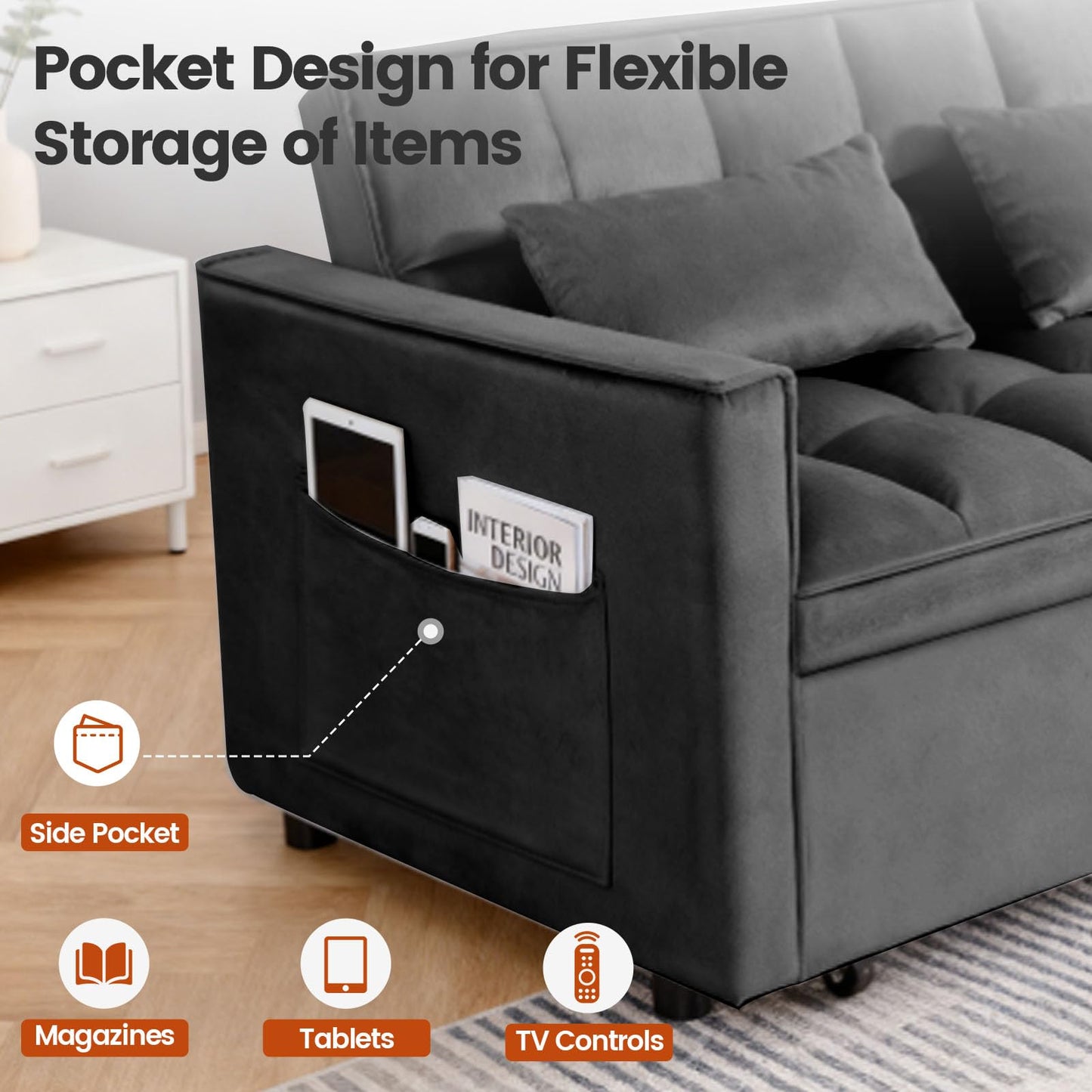 Trygoal Pull Out Couch, Loveseat Sleeper Sofa Bed with Side Pockets, 3 in 1 Velvet Fabric Convertible Sofa Bed with Adjustable Backrest for Living Room, Bedroom, Apartment, Black