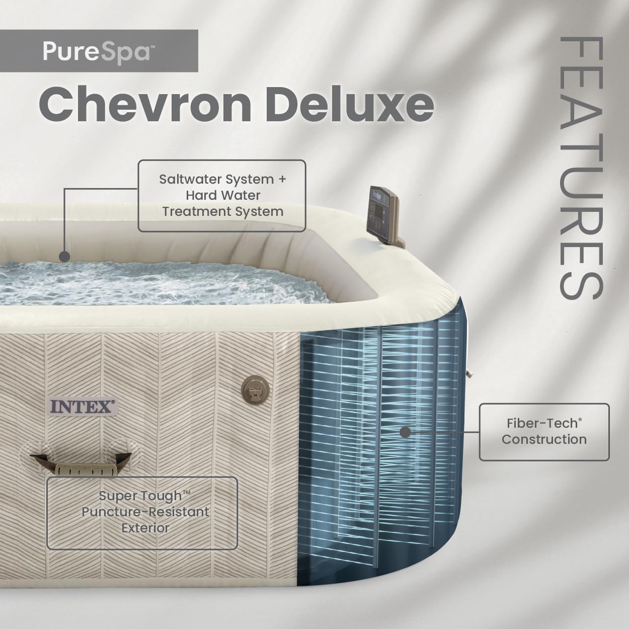 INTEX 28445EP PureSpa Chevron Deluxe Outdoor Inflatable Portable Hot Tub, Includes Energy Efficient Spa Cover, Spa Control App, FastFill Inflation System, 4 Person Capacity, 69" x 69" x 28"