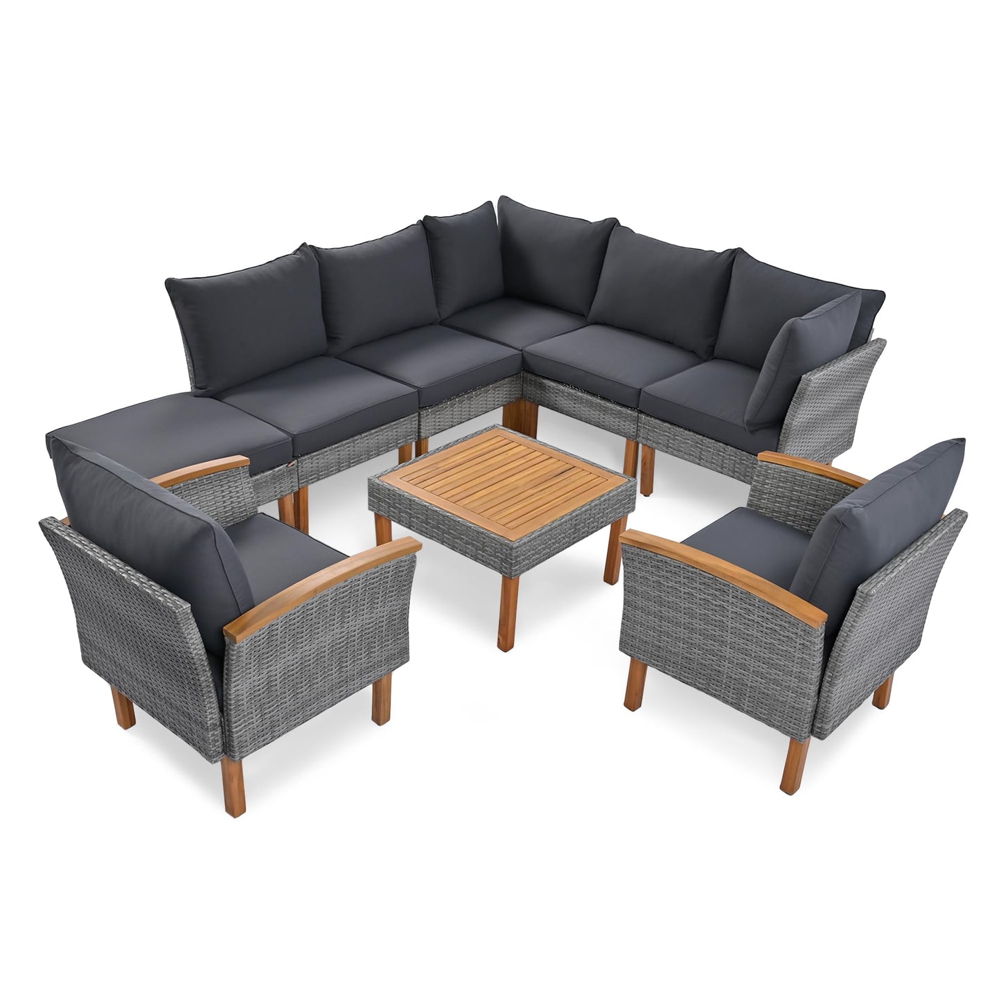 9 Piece Patio Rattan Furniture Set with Acacia Wood Legs, Outdoor Sectional Conversation Seating with Coffee Table, PE Wicker Modular Sofa with Washable Cushions for Backyard, Garden, Deck, Poolside