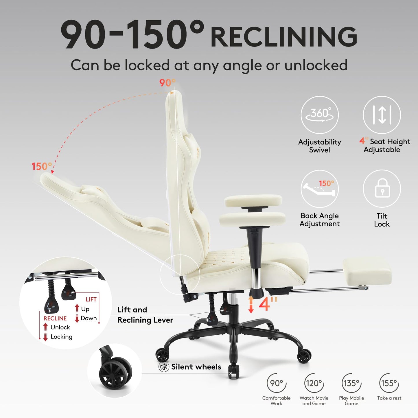 Morkprism Gaming Chair,Computer Office Chair with Footrest,Massage Lumbar Support and Gel Pad,Ergonomic Reclining Leather Gamer Chair with Headrest,Adjustable Armrests and Spring Cushion Ivory