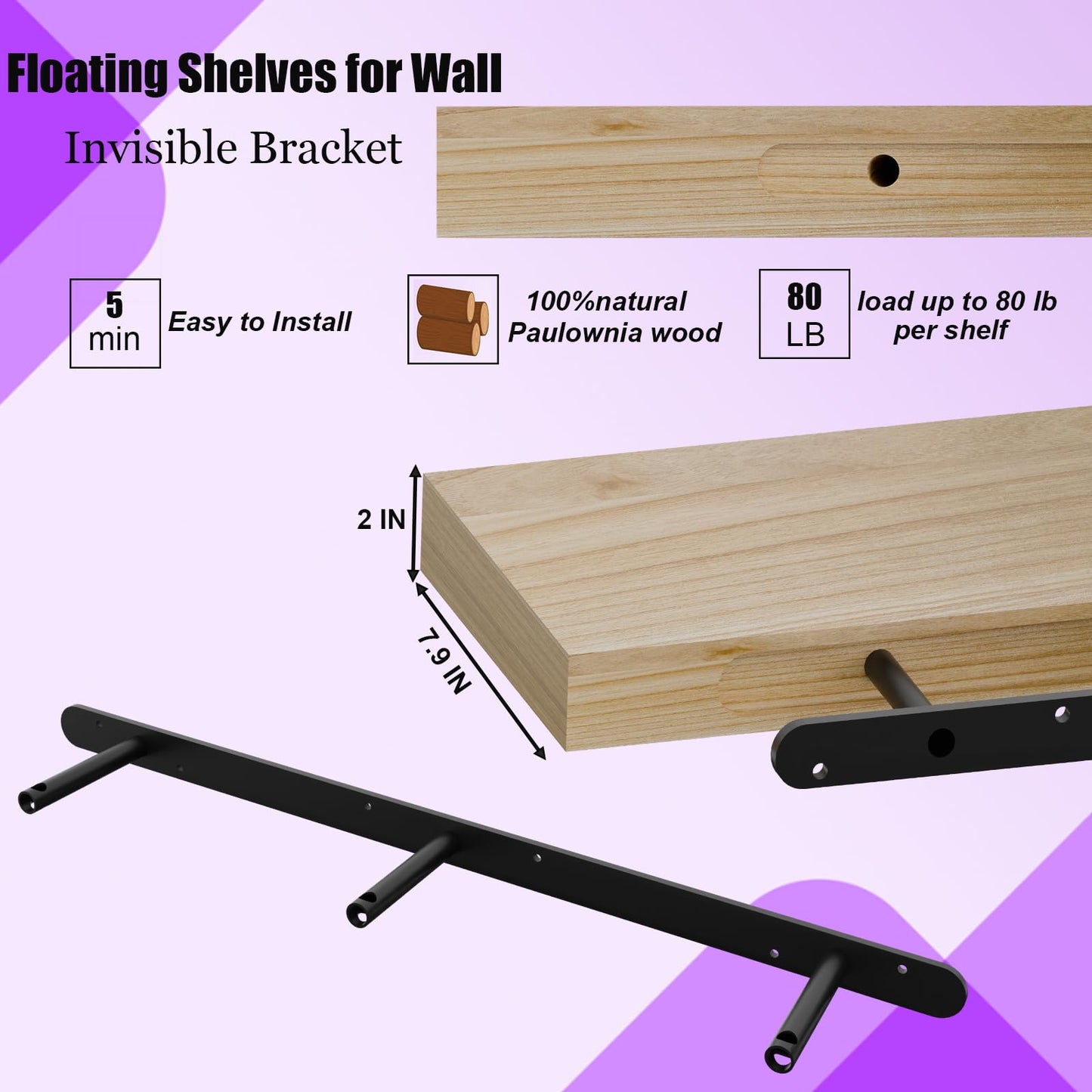 IAE Floating Wall Shelves 72 inch,Bathroom Shelf Wall Mounted,Invisible Shelf Floating Kitchen Shelves,Wooden wall Shelving with Brackets for Living Room wall Mounted,Easy Install,Set of 2,Natural