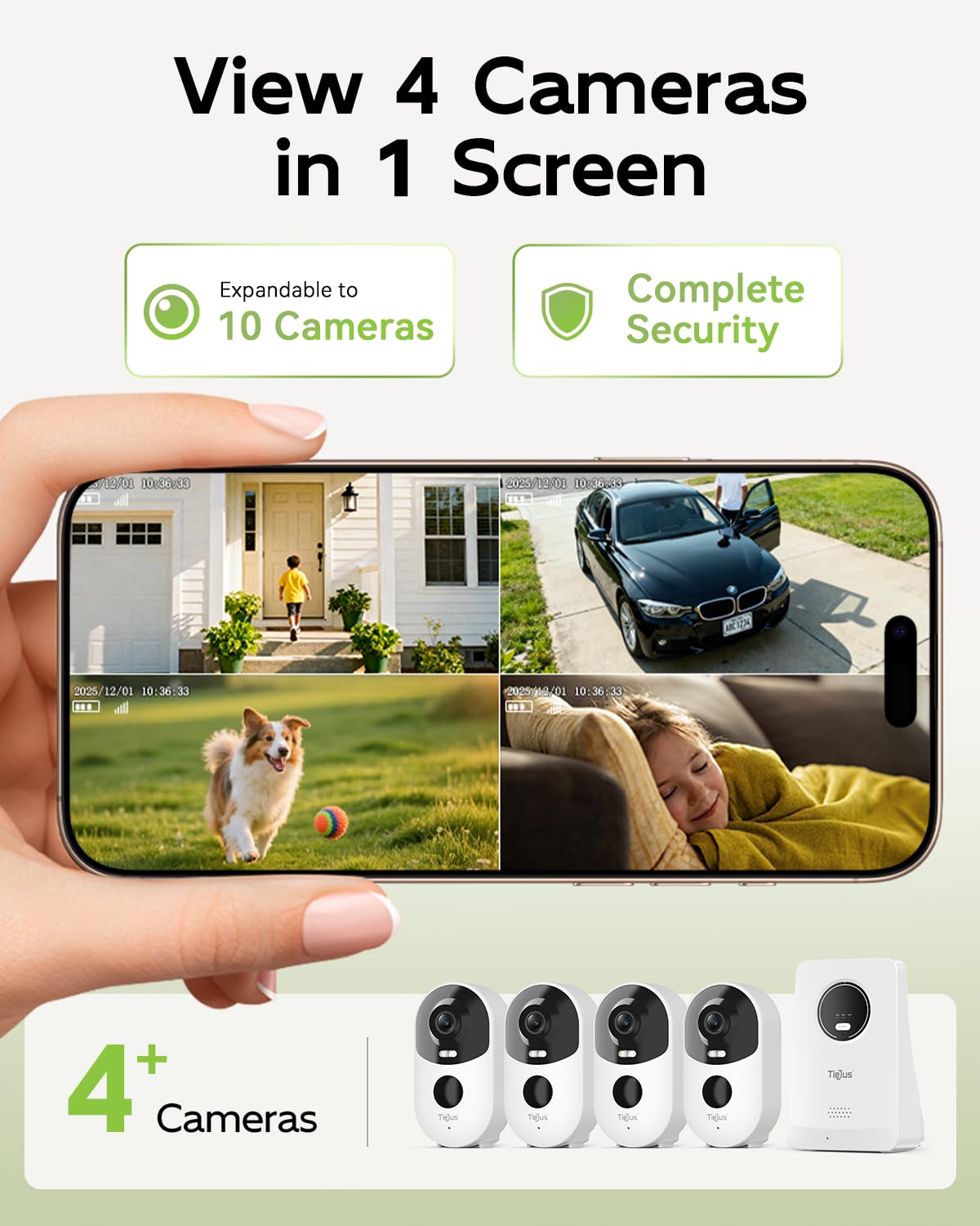 TIEJUS Solar Security Cameras Outdoor Wireless, 2K Home Security Camera System, Offline TV Viewing, No Subscription Needed, 4MP Color Night Vision, 32GB Local Storage, Easy Setup, 2.4/5GHz WiFi