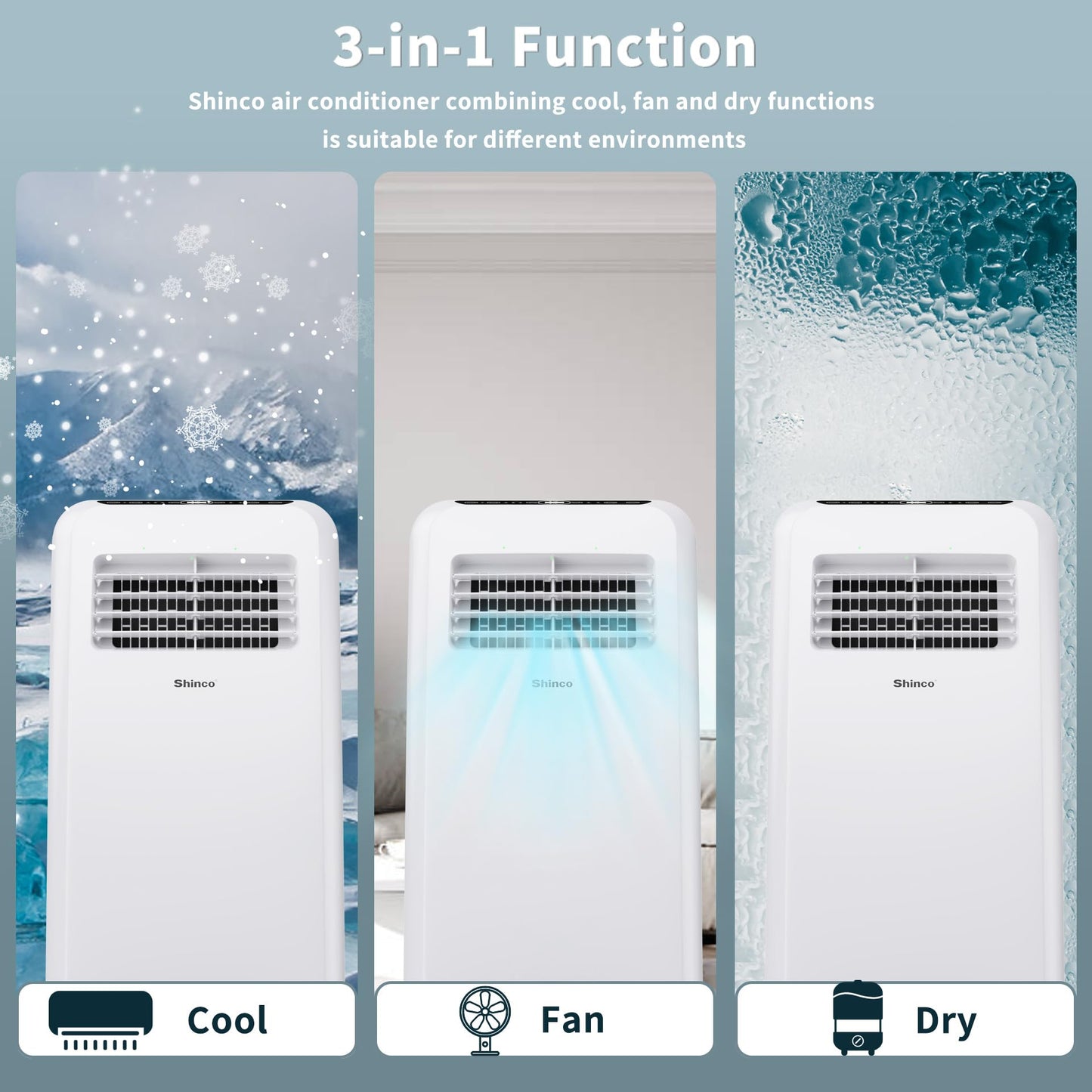 Shinco 8,000 BTU Portable Air Conditioner - 3-in-1 Cool/Dehumidifier/Fan for Rooms Up to 350 sq.ft, Remote Control & 24H Timer, Compact AC Unit for Bedroom/Office