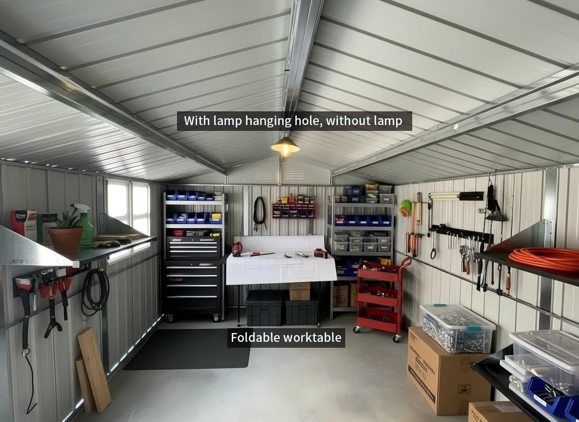 YOPTO 12x10 FT Outdoor Storage Shed,Metal Shed W/Goods Shelves & Window,Garden Tool House W/ 2 Vents & Lamp Hanging Hole & Apex Roof and Lockable Doors,for Backyard Patio Lawn,Grey