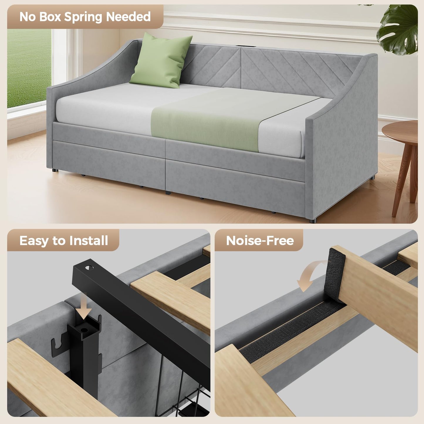 Mashomdec Twin Size Daybed with 2 Storage Drawers, Upholstered Daybed Frame with Charging Station, Heavy Duty Sofa Bed for Bedroom, Living Room, No Box Spring Needed,Easy Assembly