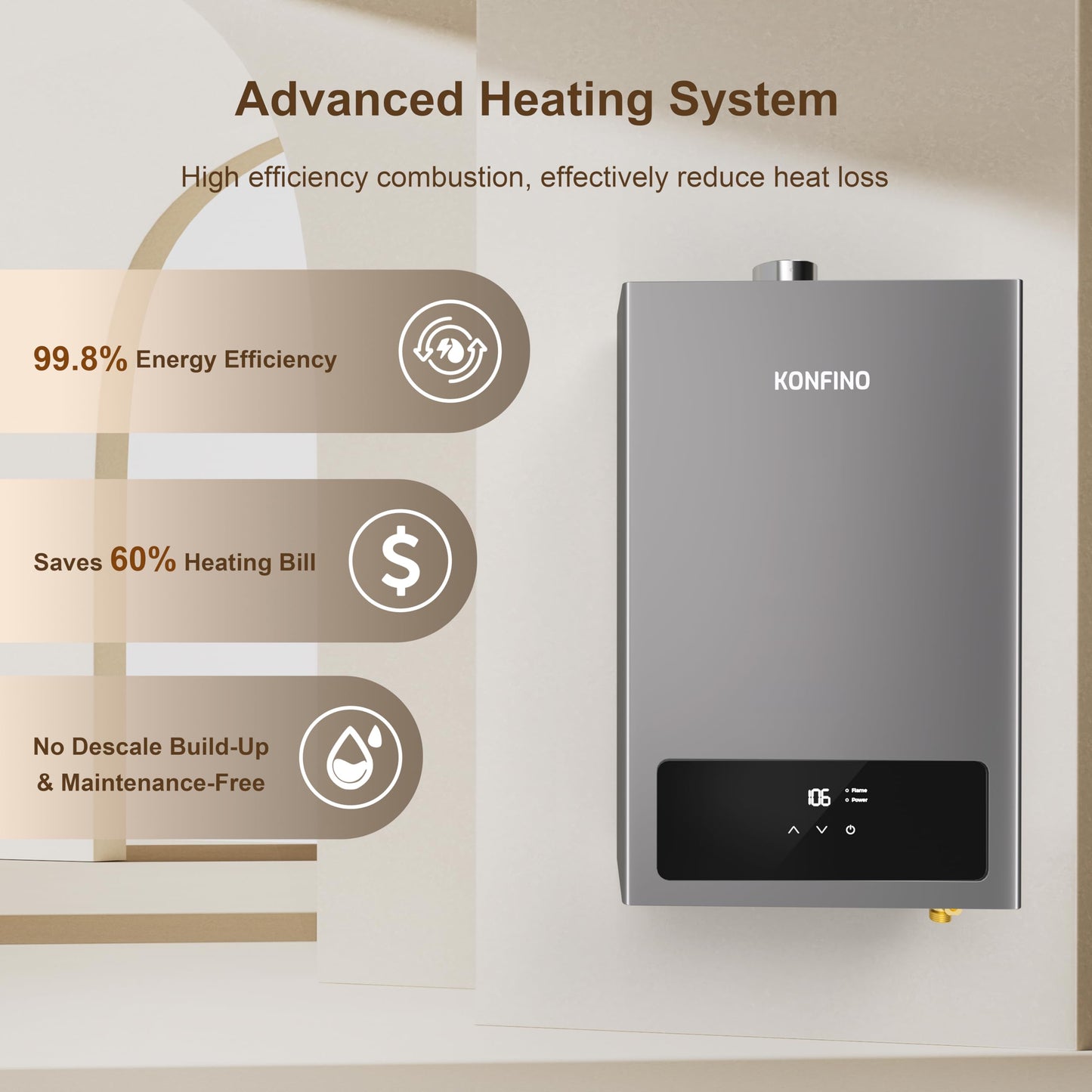 Konfino Indoor Natural Gas Tankless Water Heater - Up to 3.6 GPM, 85,300 BTU for 2-3 Water Point Use, On Demand Instant Hot Water Heater with Smart Digital Display, Multi-Protections & Alarm System