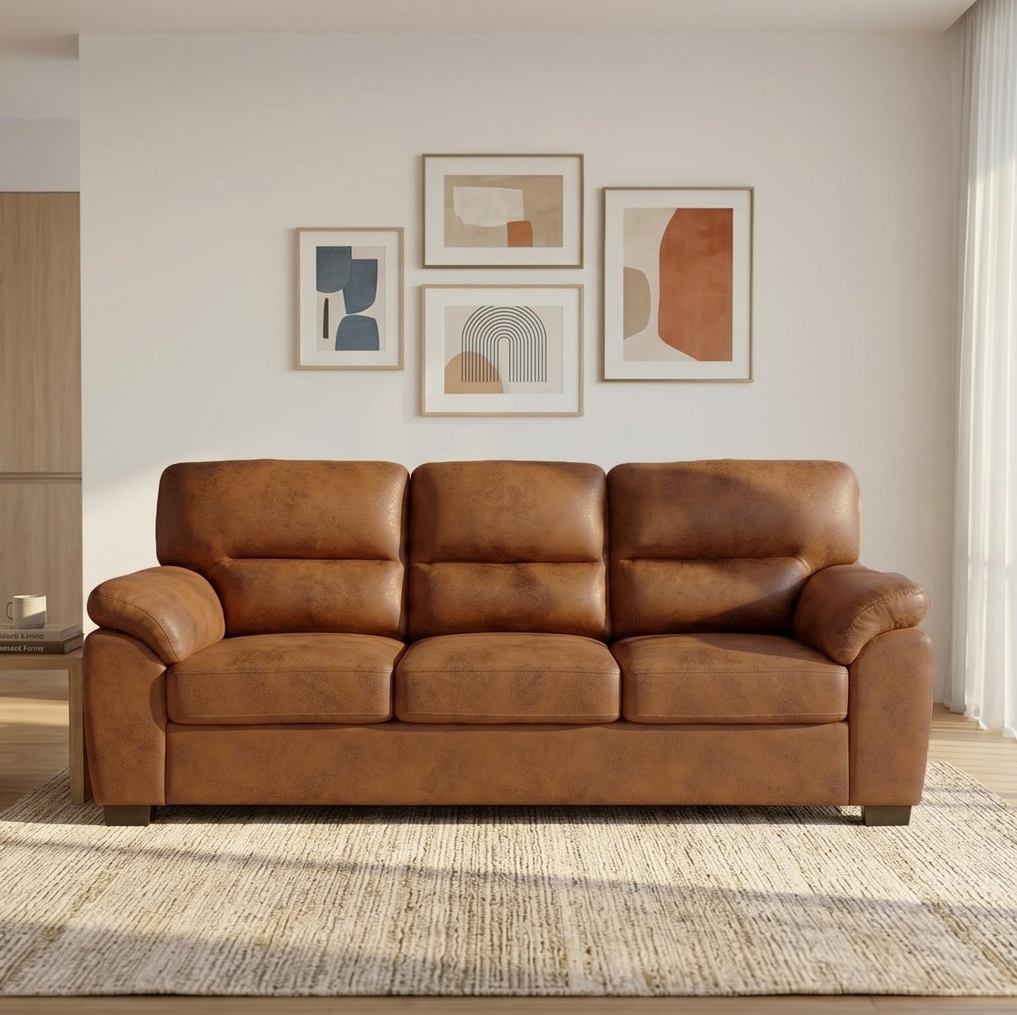Eafurn Mid-Century Modern 3-Seater Loveseat Sofa Couch with Sturdy Wood Frame & Cushioned Armrests, 81" Compact Faux Leather Settee Furniture for Living Room, Apartment, Office