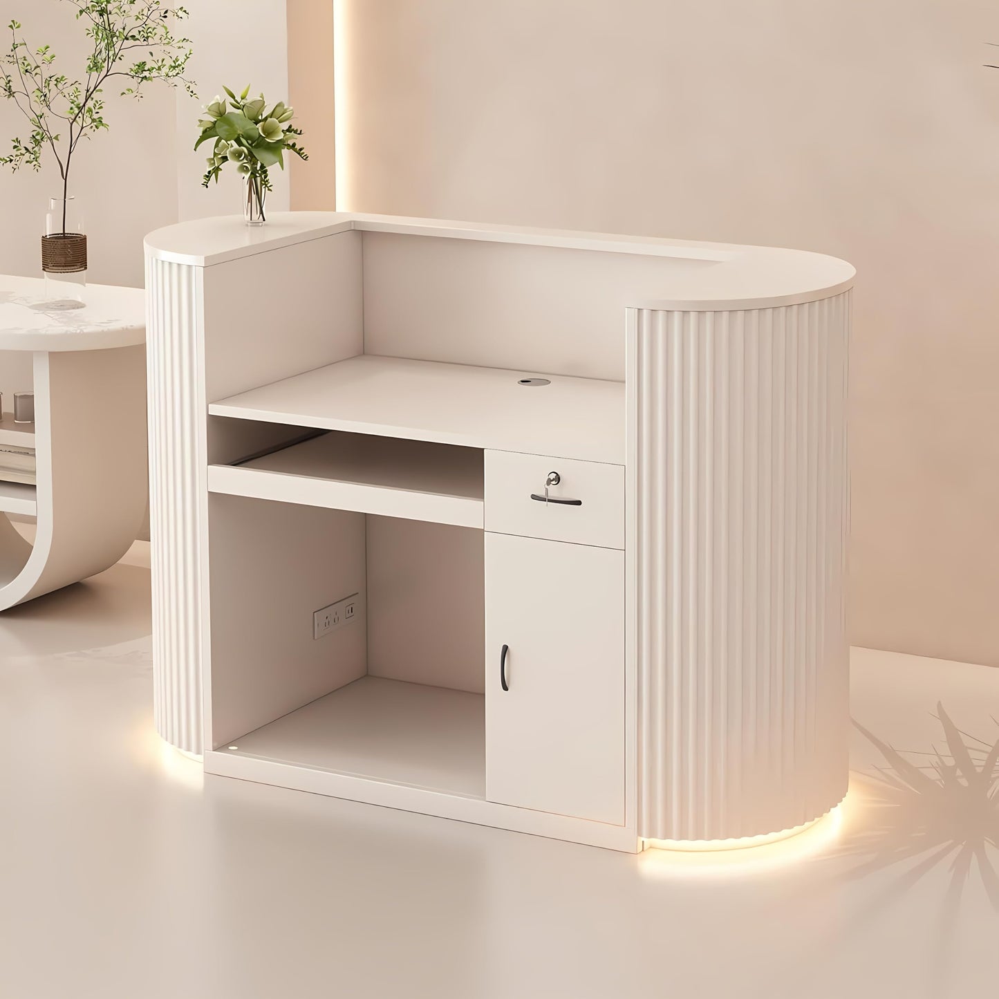 Modern Reception Desk with LED Light - 47.2" Curved Front Counter with Hidden Cable Management, Lockable Drawers & Engineered Wood Construction, Salon Spa Boutique Office Checkout Station