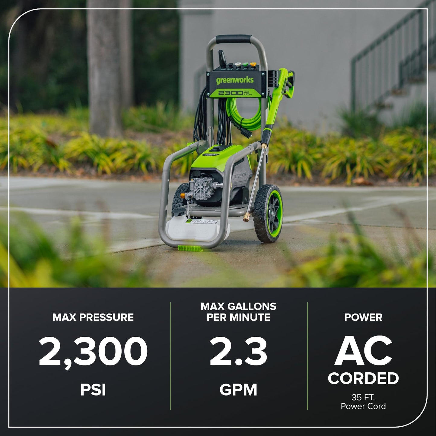 Greenworks Pro Brushless 2300 PSI (SGS Certified) 2.3 GPM Max / 1.2 GPM Electric Pressure Washer (Foldable Handles, Rugged Steel Frame, 25 FT Hose, 35 FT GFCI Power Cord)
