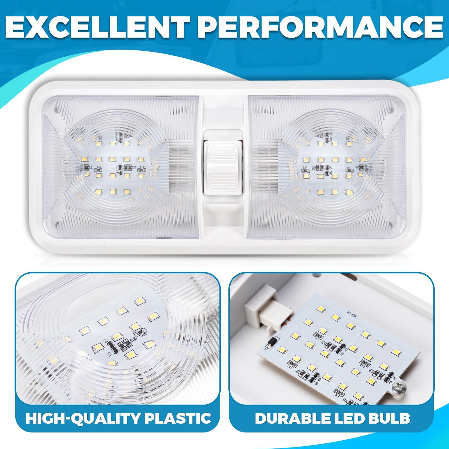 KUAFU RV Interior Lights 12V LED Double Dome Natural White 4000-4500K 2 Pack Clear Lens Model GO-3264