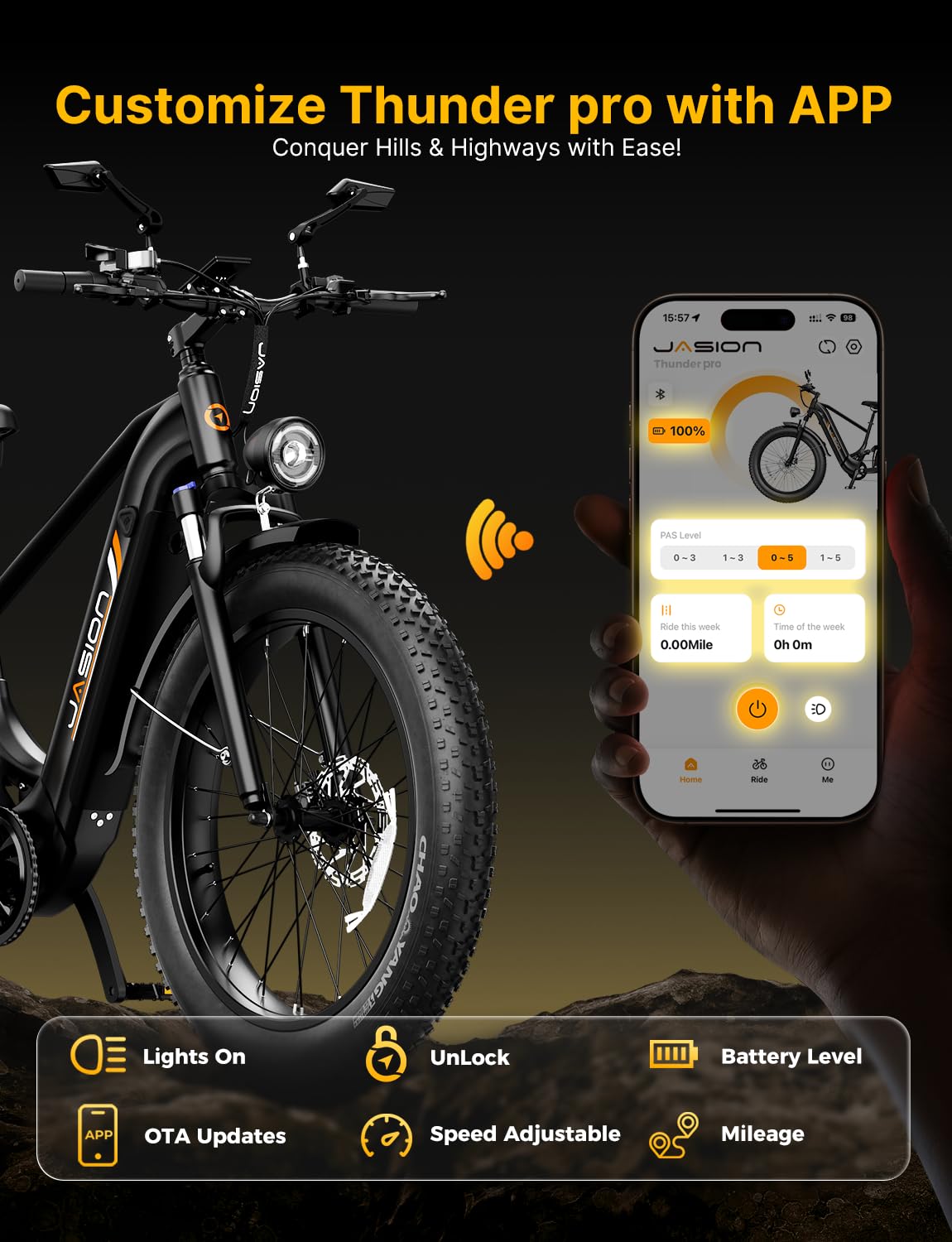 Jasion Thunder Pro Electric Bike,2000W Peak Ebikes for Adults,26''Fat Tire Best Ebike for Men,90 Miles with 1040Wh Removable Battery,35+MPH Max Speed Bicycles,500LB Capacity