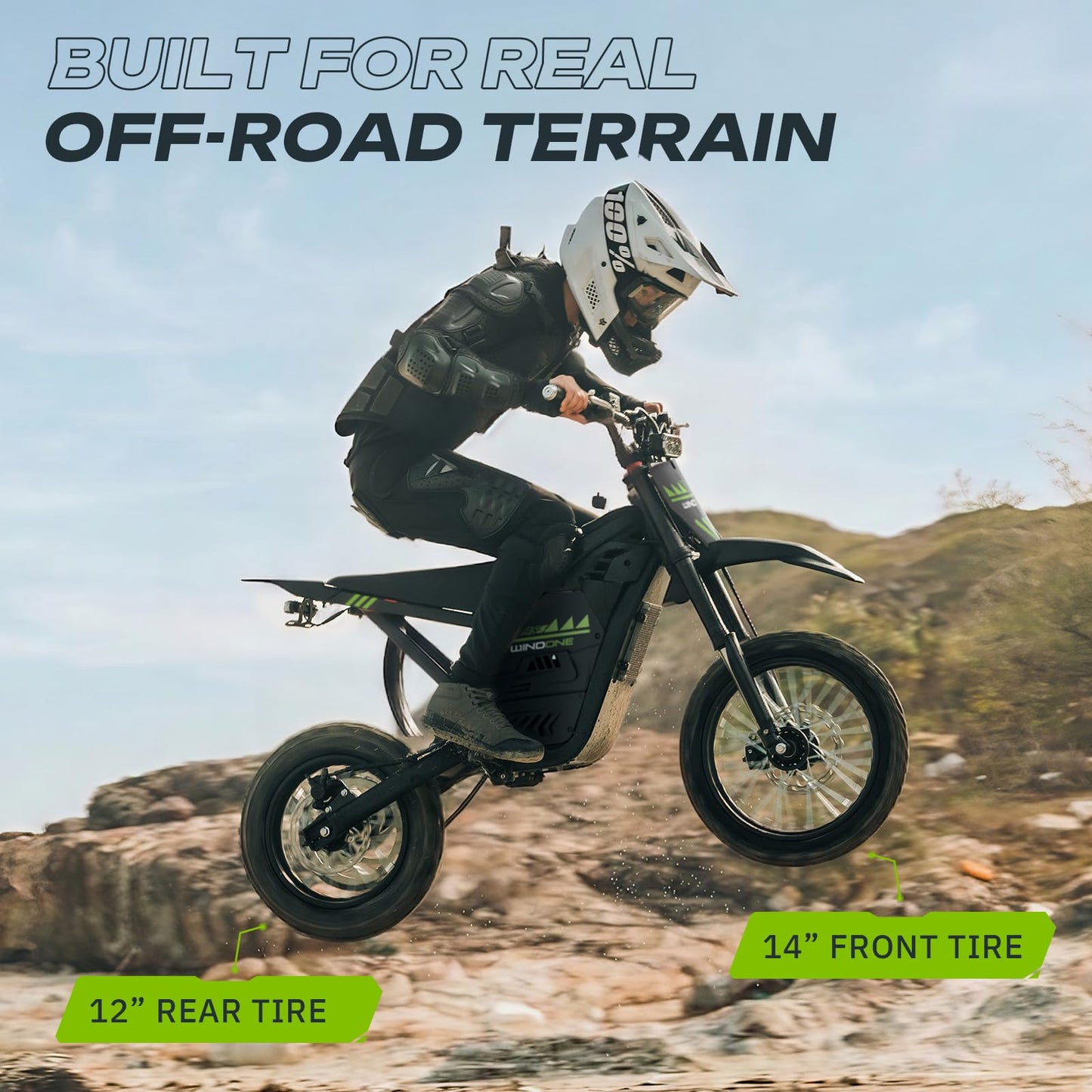 Windone RS5 Electric Dirt Bike for Teens & Adults (13+), Up to 37 MPH, 45 Miles Range, 2200W Peak Motor, 14"/12" Off-Road Tires, Hydraulic Suspension, 3-Speed Modes Electric Motorcycle (Green)